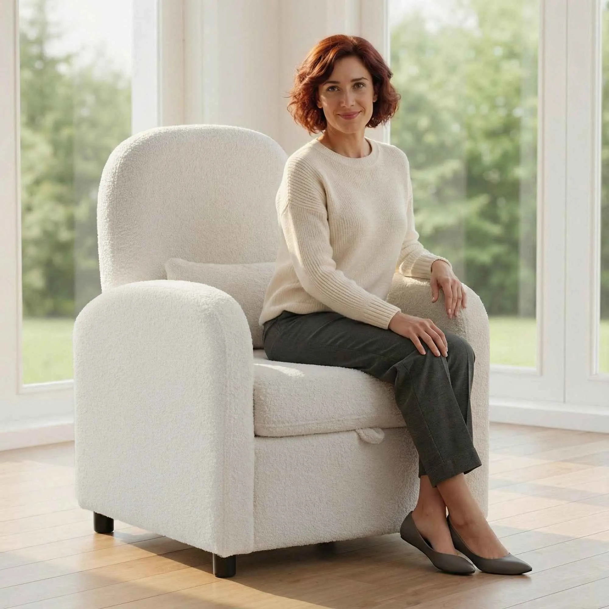Modern Armchair with Retractable Storage Space and Cushion, Teddy Fleece Upholstery, 76x77x95 cm, Cream - Image 2