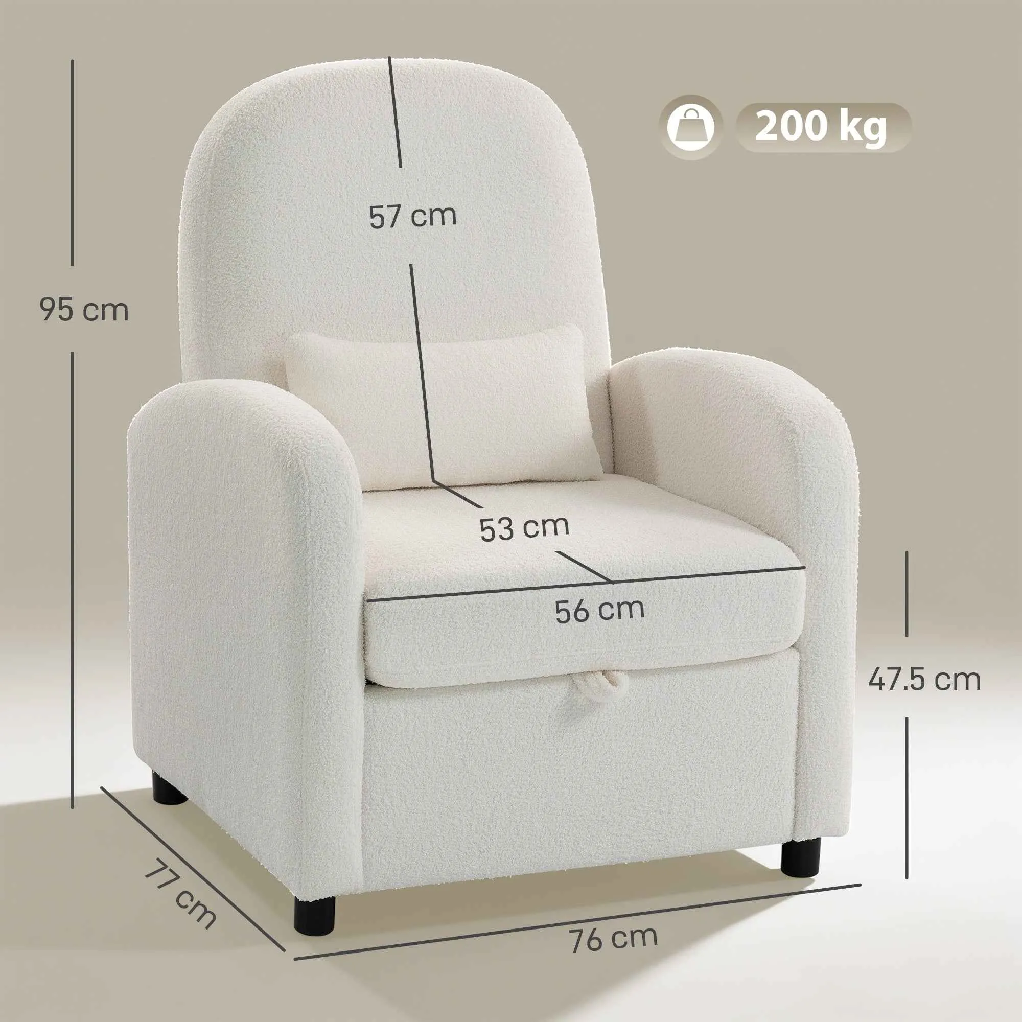 Modern Armchair with Retractable Storage Space and Cushion, Teddy Fleece Upholstery, 76x77x95 cm, Cream - Image 3