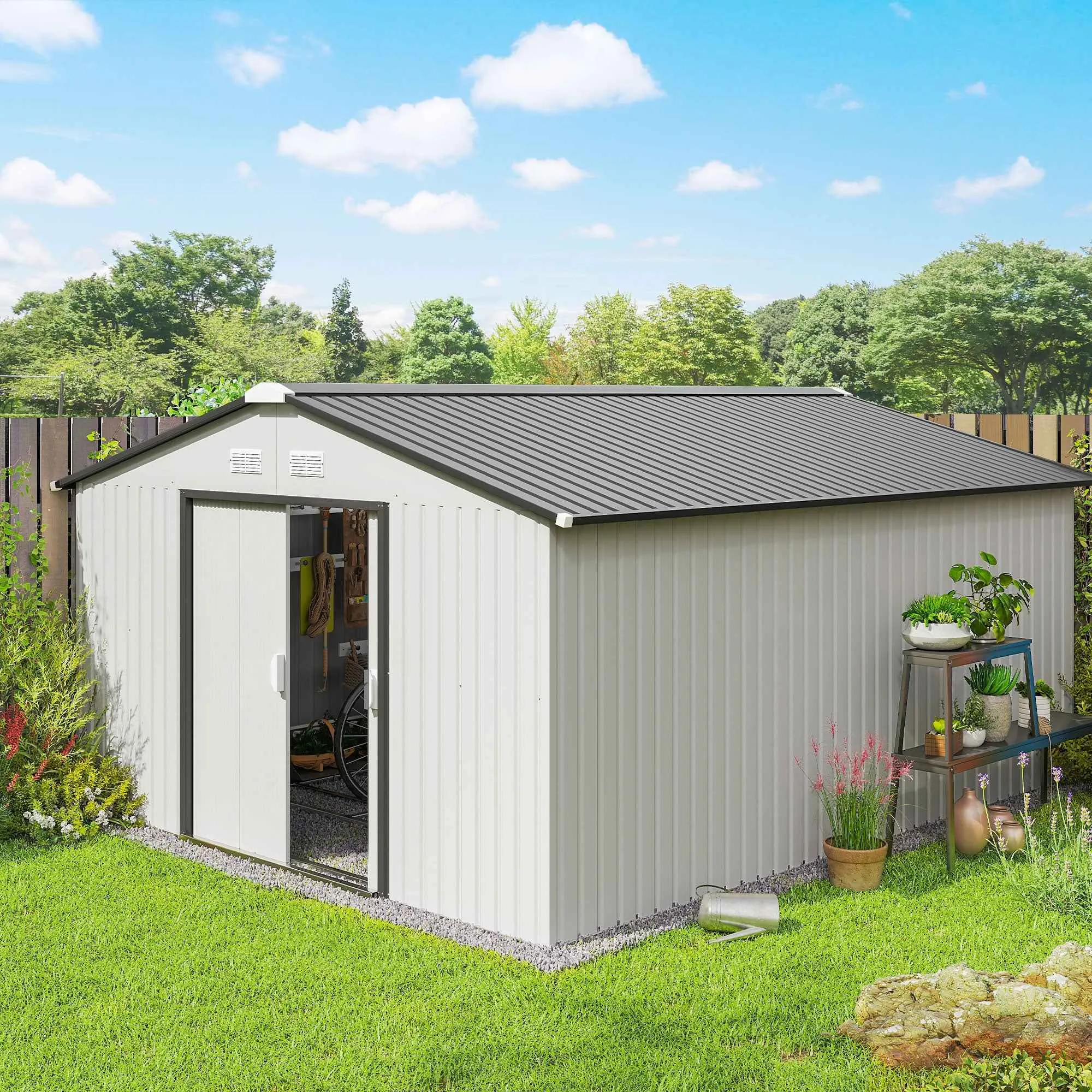3.4x3.8x2 m Steel Garden Shed with Double Sliding Door and Pitched Roof, Silver - Image 2