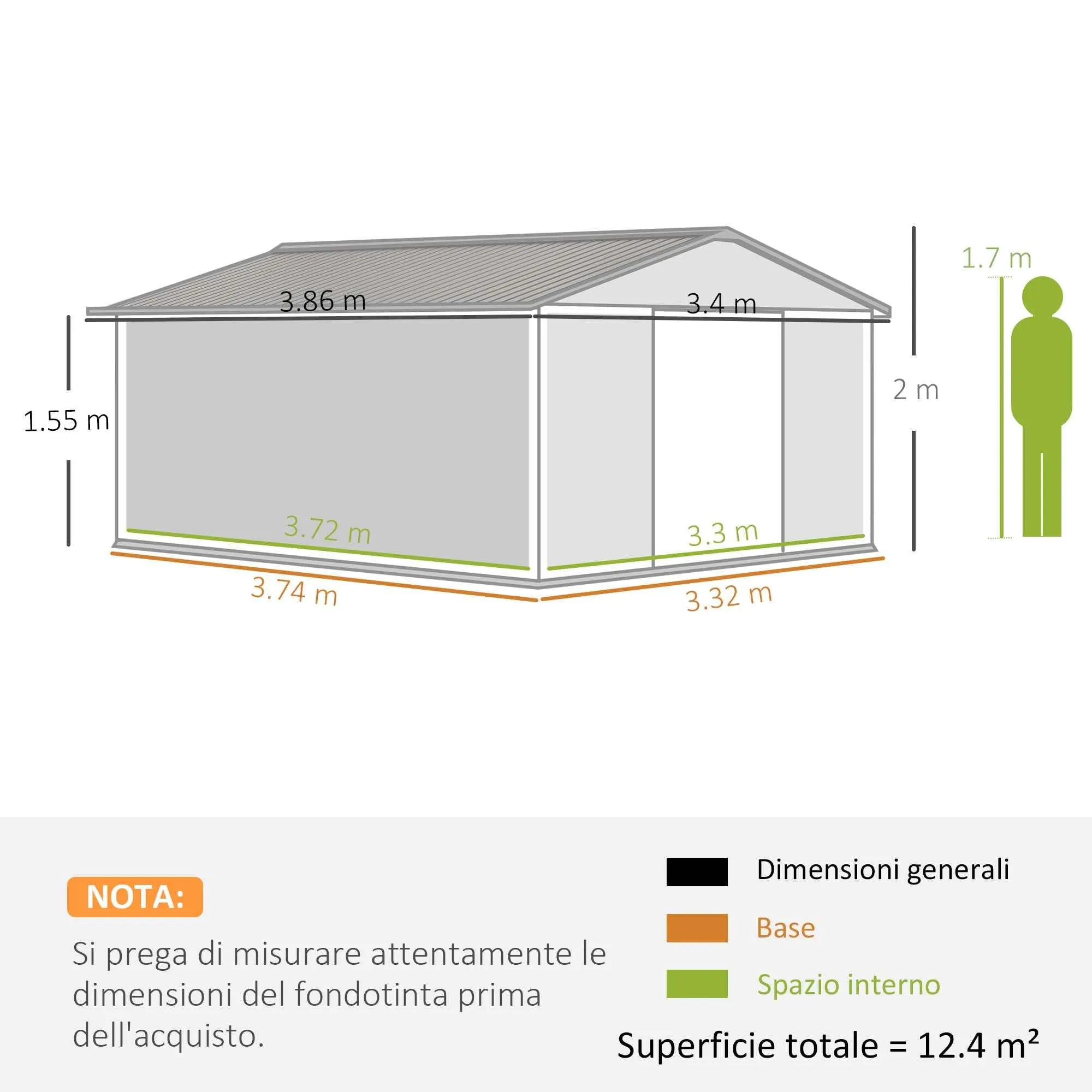 3.4x3.8x2 m Steel Garden Shed with Double Sliding Door and Pitched Roof, Silver - Image 3