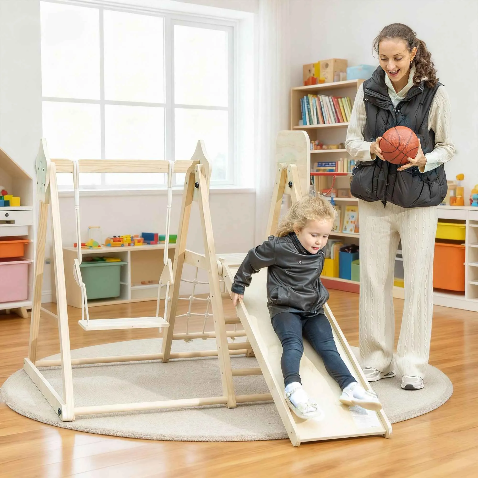 AIYAPLAY 5-in-1 Folding Climbing Game with Slide, 2 Walls, Swing and Basketball Hoop, Wooden, 140x172.5x116.5 cm - Image 2