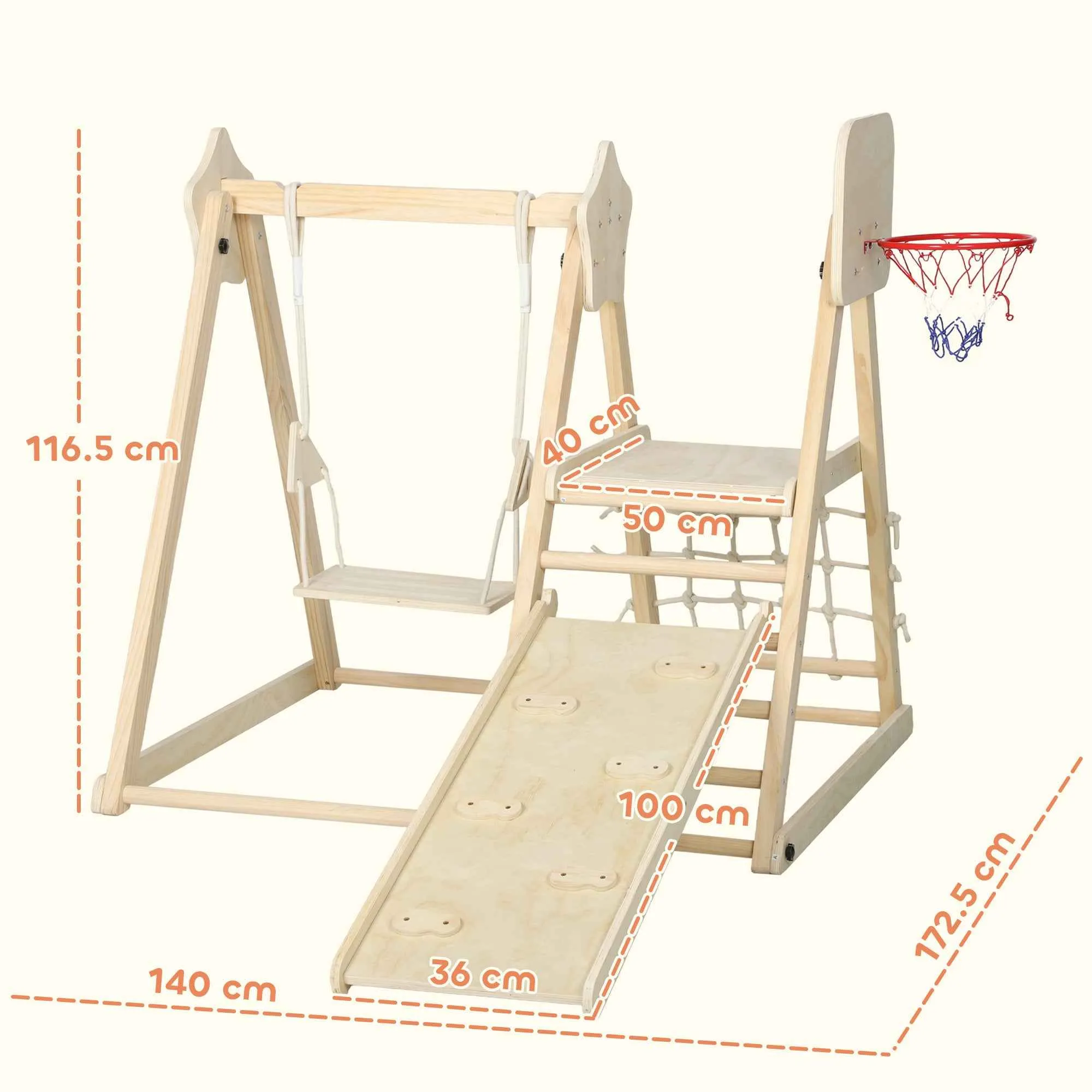 AIYAPLAY 5-in-1 Folding Climbing Game with Slide, 2 Walls, Swing and Basketball Hoop, Wooden, 140x172.5x116.5 cm - Image 3