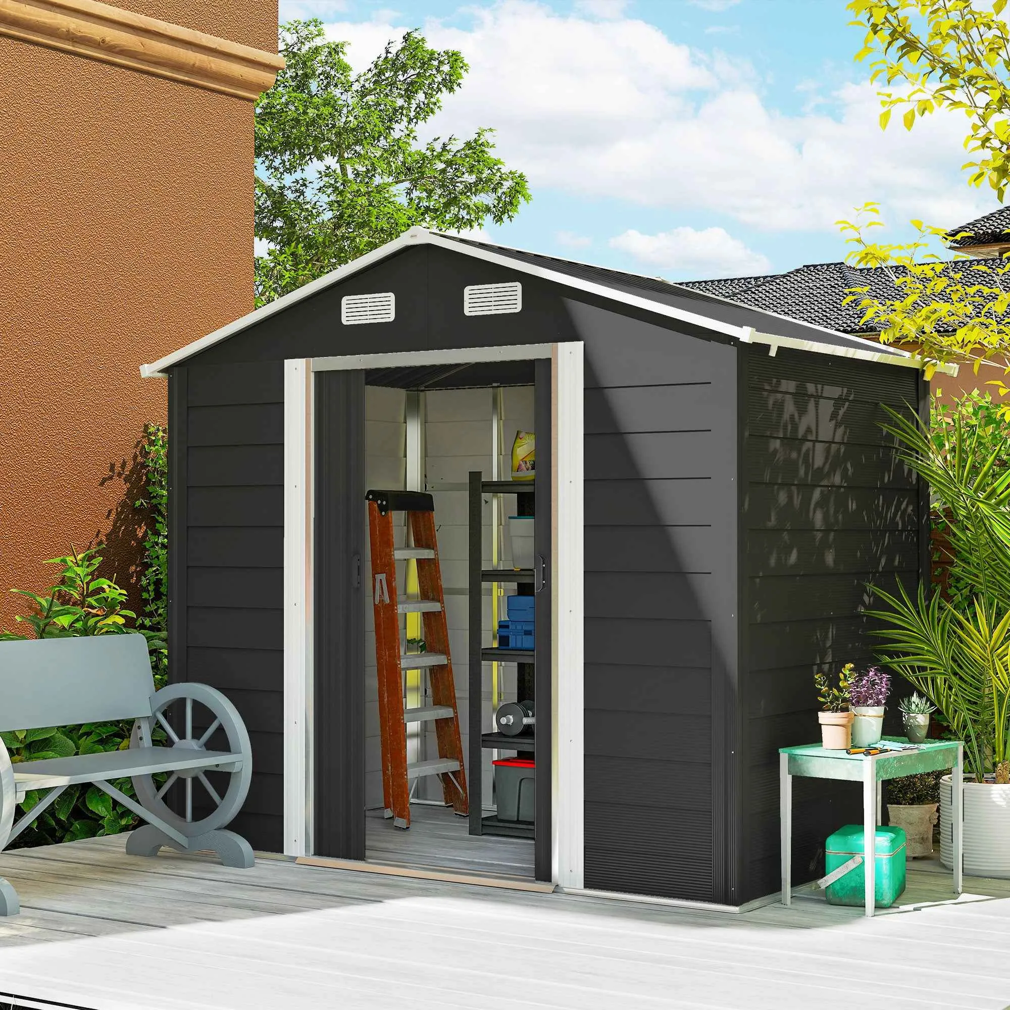 Tool Shed with Sliding Doors and 4 Air Vents, Steel and PP, 196x236x208 cm, Dark Grey - Image 2