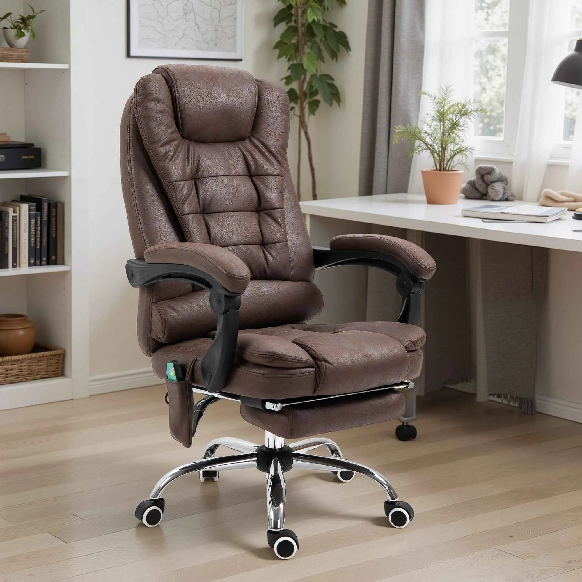 Office Chair with Remote Control and 6 Massage Points, Microfiber, 65x70x111-119 cm, Brown - Image 2