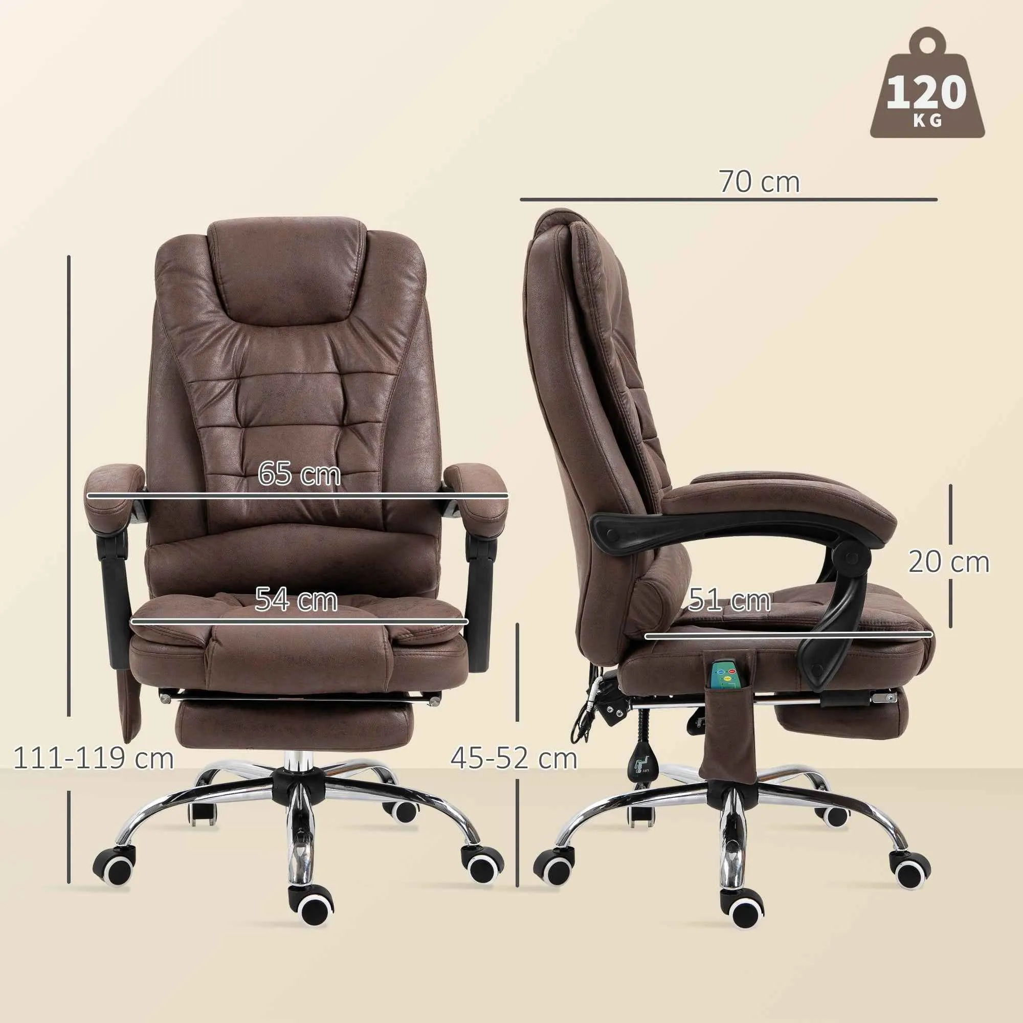 Office Chair with Remote Control and 6 Massage Points, Microfiber, 65x70x111-119 cm, Brown - Image 3