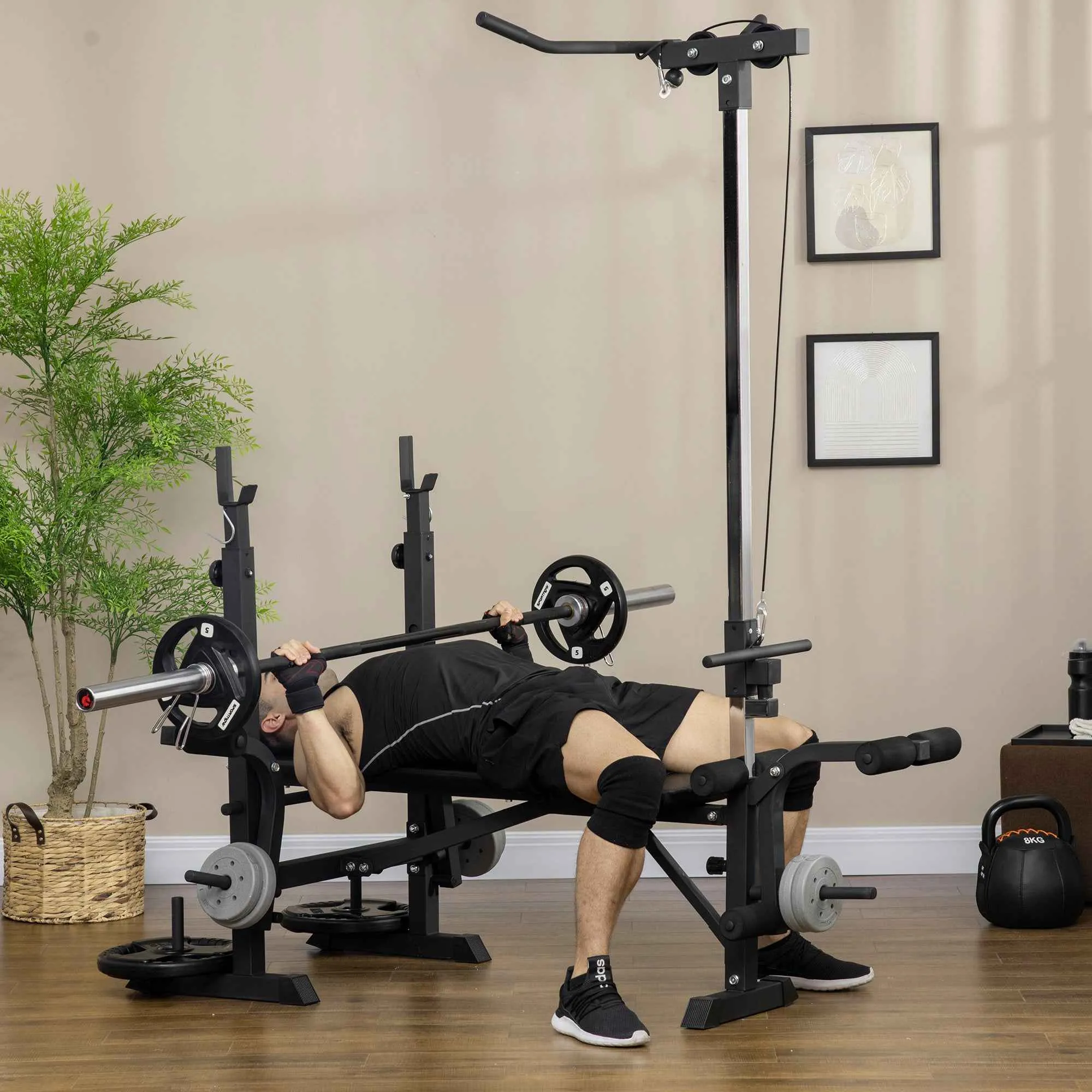 HOMCOM Fitness Bench with Leg Press, Squat Rack and Leg Extension, Steel and PU, 180x134x200 cm, Black and Silver - Image 2