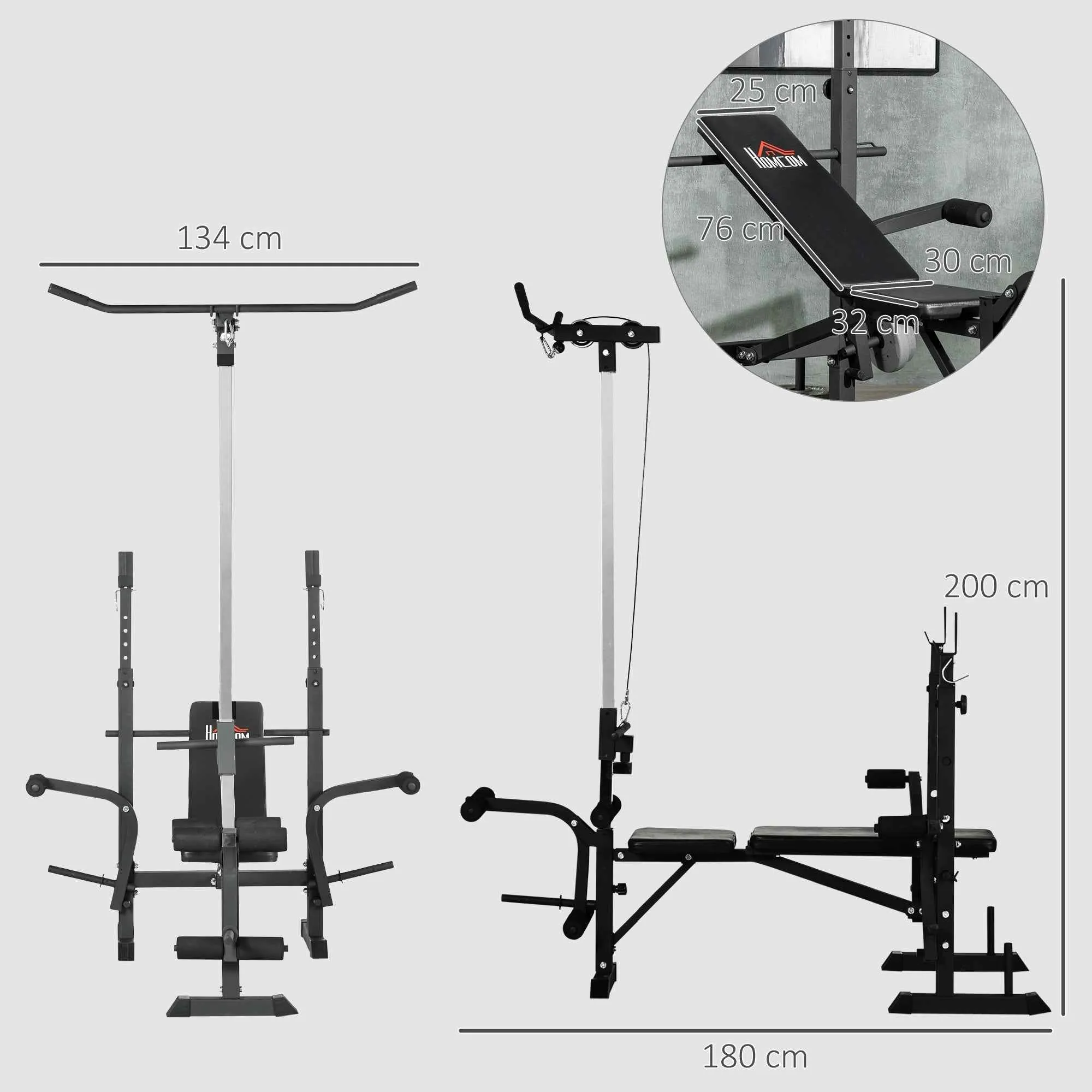 HOMCOM Fitness Bench with Leg Press, Squat Rack and Leg Extension, Steel and PU, 180x134x200 cm, Black and Silver - Image 3