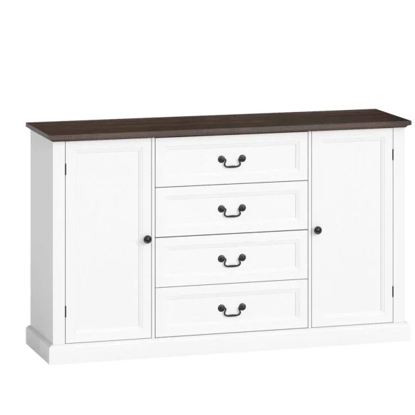 Vintage Style Kitchen Sideboard with 4 Drawers and 2 Cabinets with Adjustable Shelves, 147x40x87, White Wood