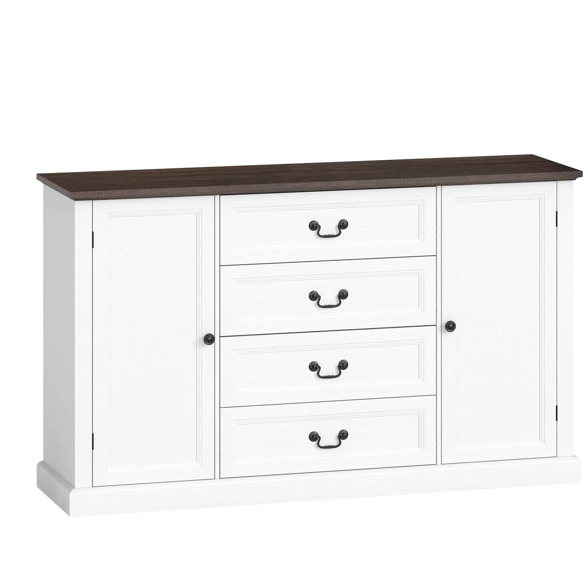 Vintage Style Kitchen Sideboard with 4 Drawers and 2 Cabinets with Adjustable Shelves, 147x40x87, White Wood