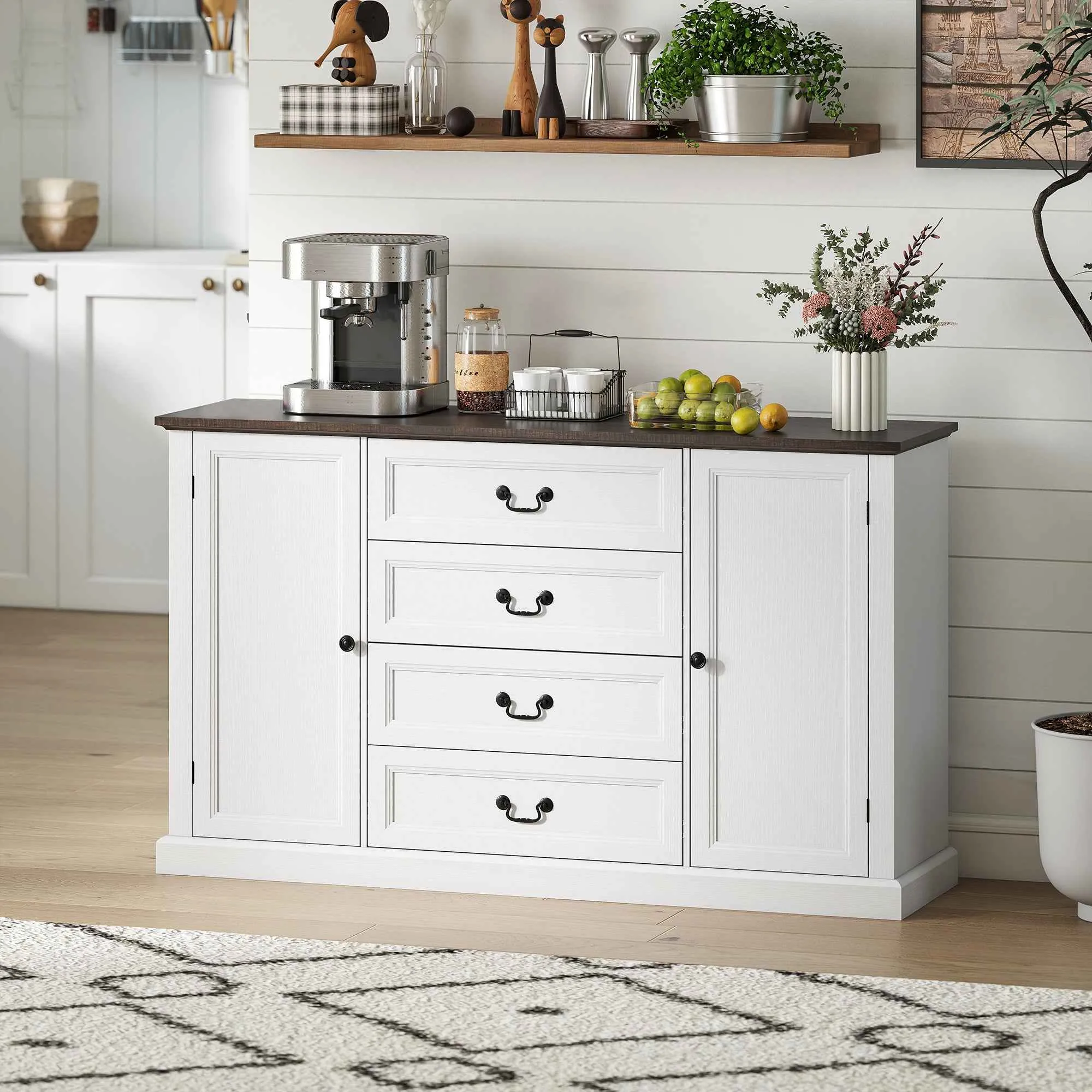 Vintage Style Kitchen Sideboard with 4 Drawers and 2 Cabinets with Adjustable Shelves, 147x40x87, White Wood - Image 2