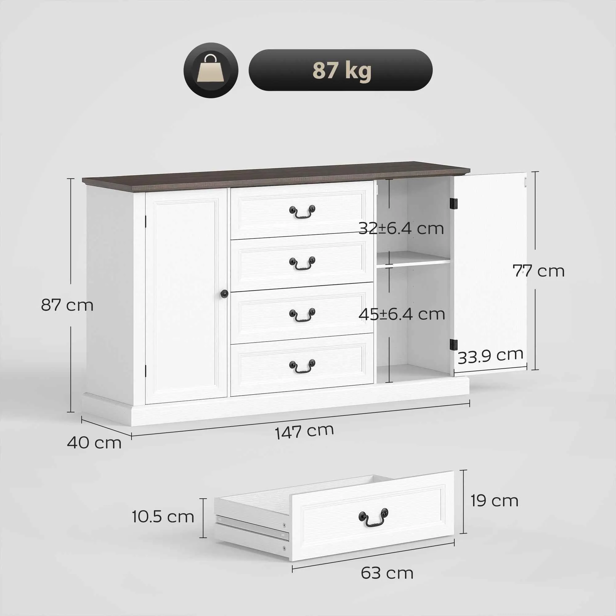 Vintage Style Kitchen Sideboard with 4 Drawers and 2 Cabinets with Adjustable Shelves, 147x40x87, White Wood - Image 3