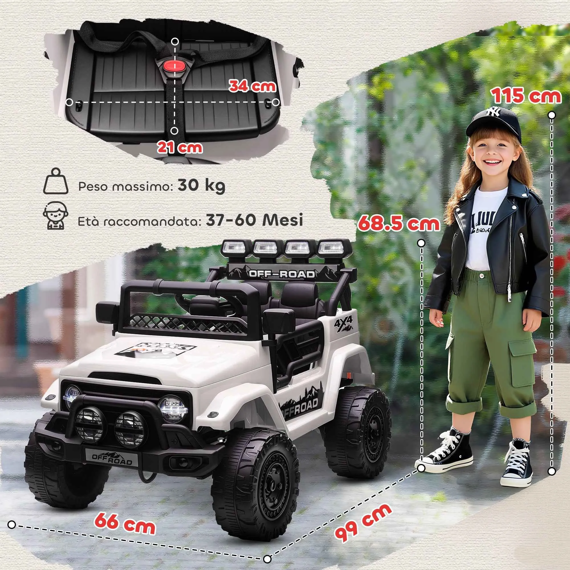 Children's Off-Road Vehicle with Lights, Horn, Belt and Remote Control, Made of PP and Metal, 99x66x68.5 cm, White - Image 3