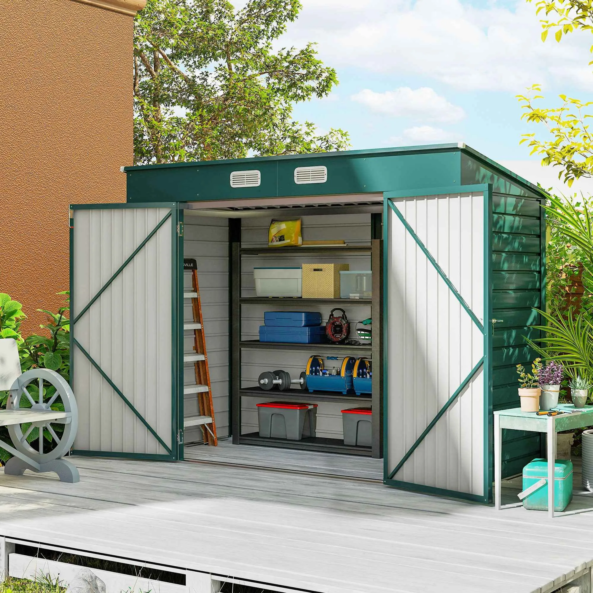 Steel Tool Shed with 2 Vents and Latch, 249x121x183 cm, Green - Image 2