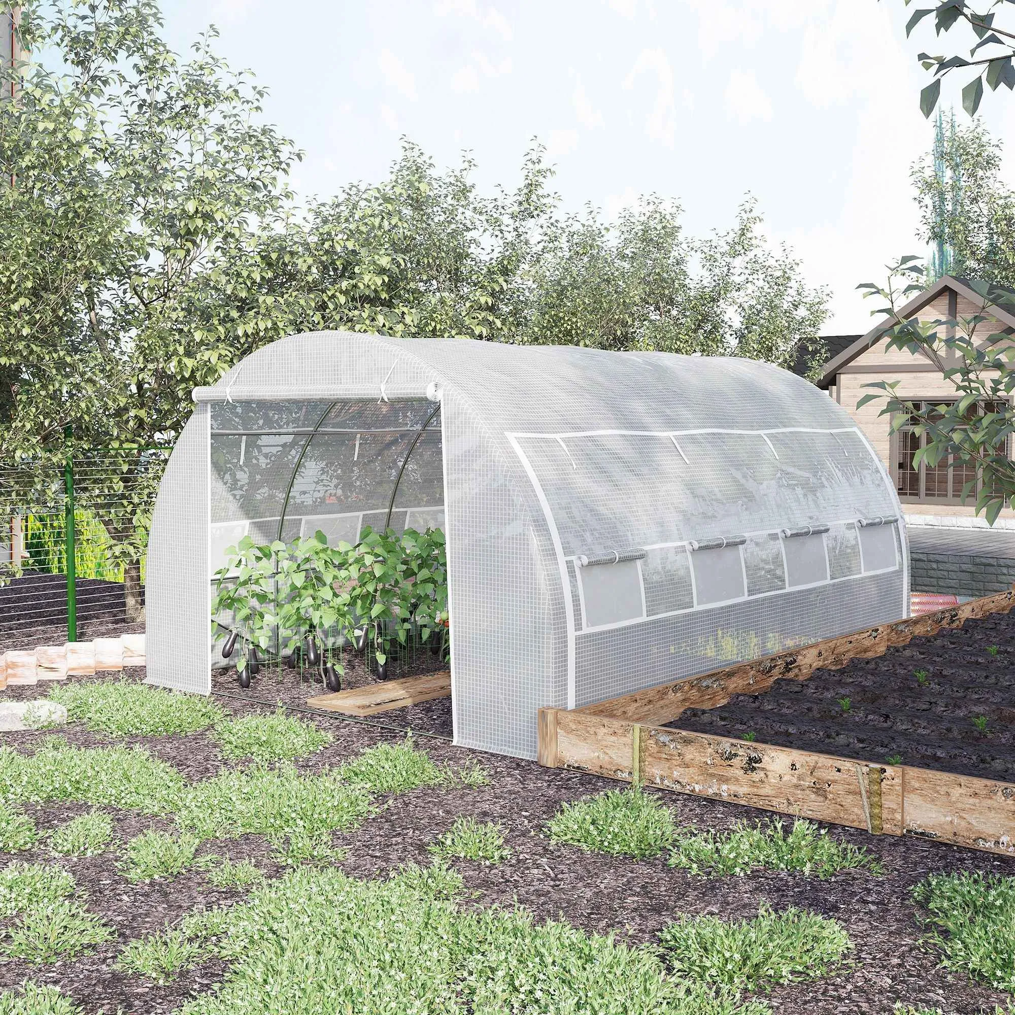 Outsunny Tunnel Greenhouse with Door, Panels and 8 Roller Windows, in Galvanized Steel and PE, 3.97x3x2 m, White - Image 2