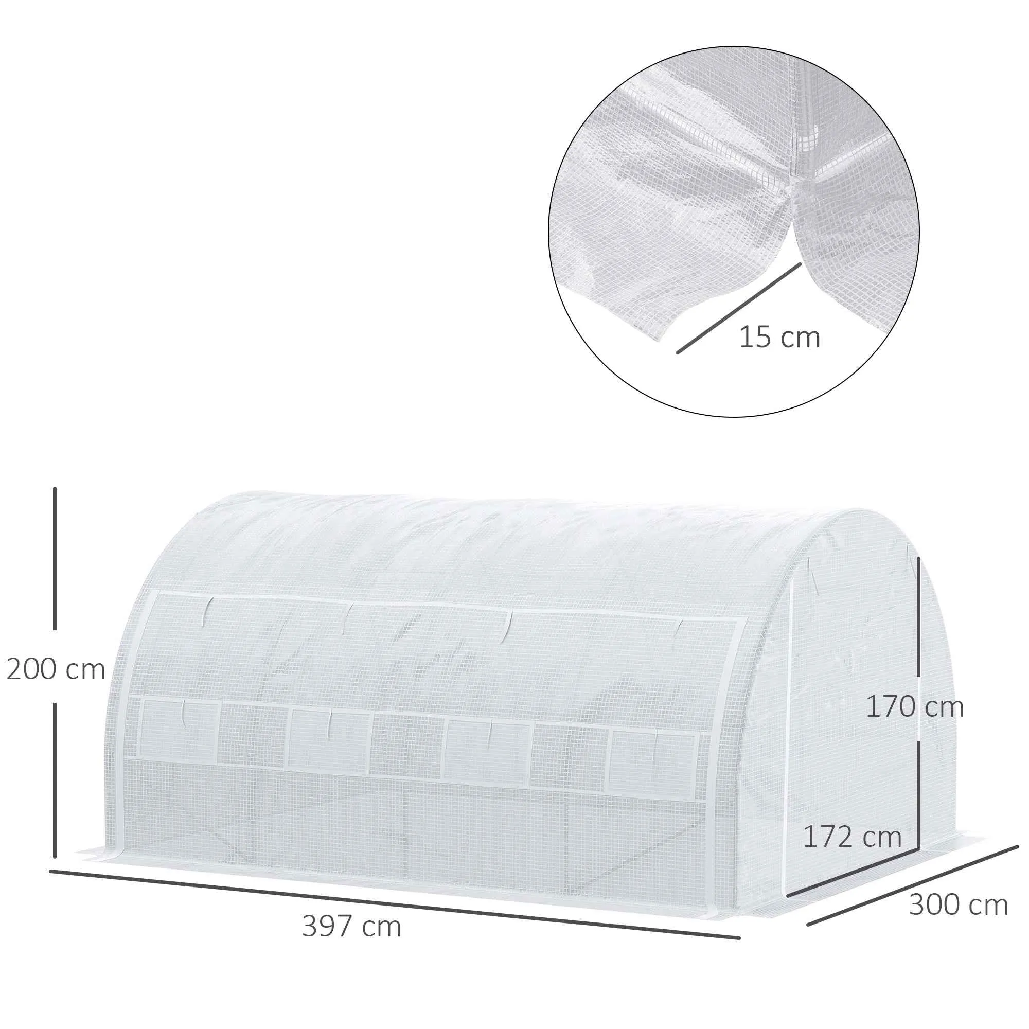 Outsunny Tunnel Greenhouse with Door, Panels and 8 Roller Windows, in Galvanized Steel and PE, 3.97x3x2 m, White - Image 3