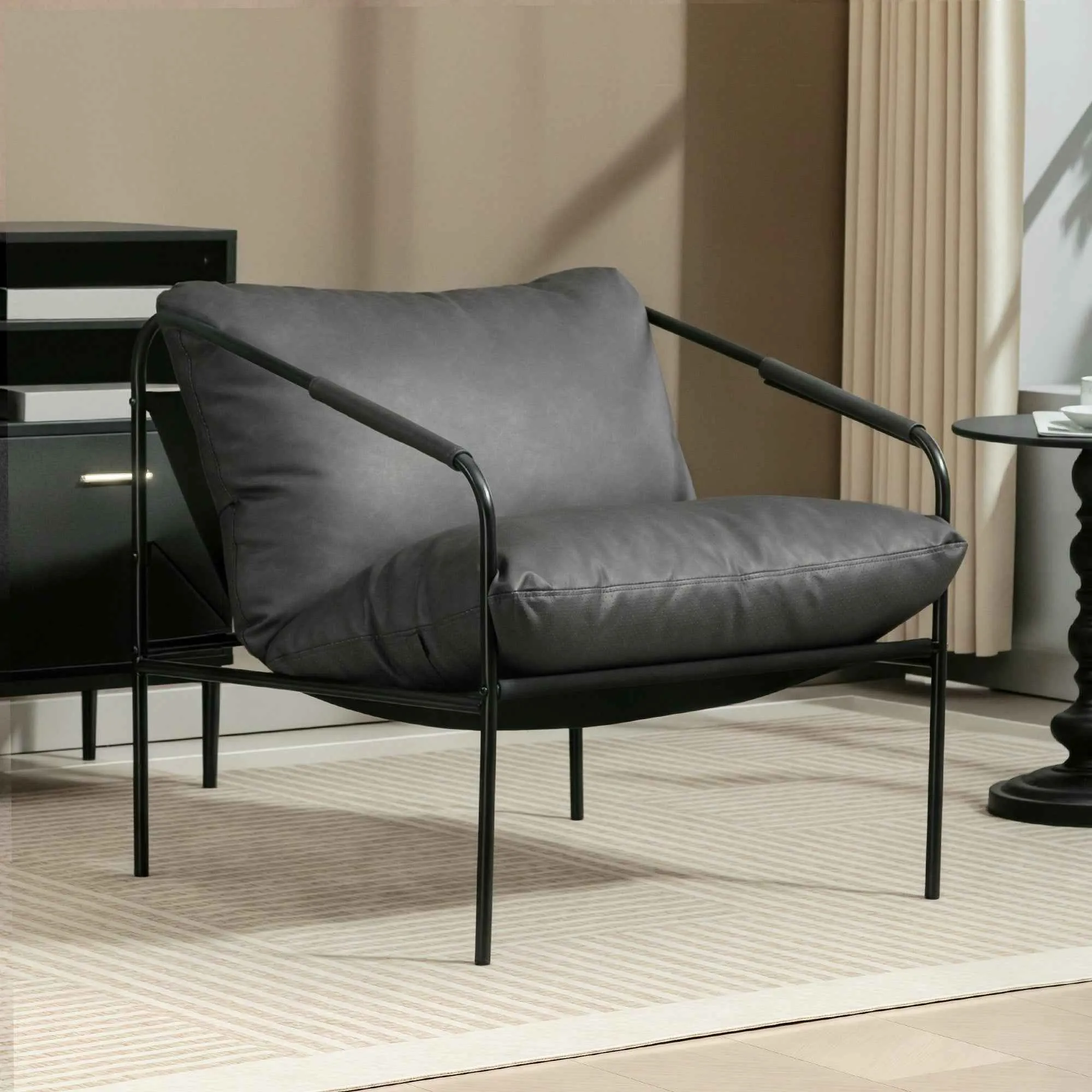 PU Leather Metal Frame Lounge Chair with Thick Cushions, 74.5 x 75 x 77 cm, Charcoal Grey - Image 2