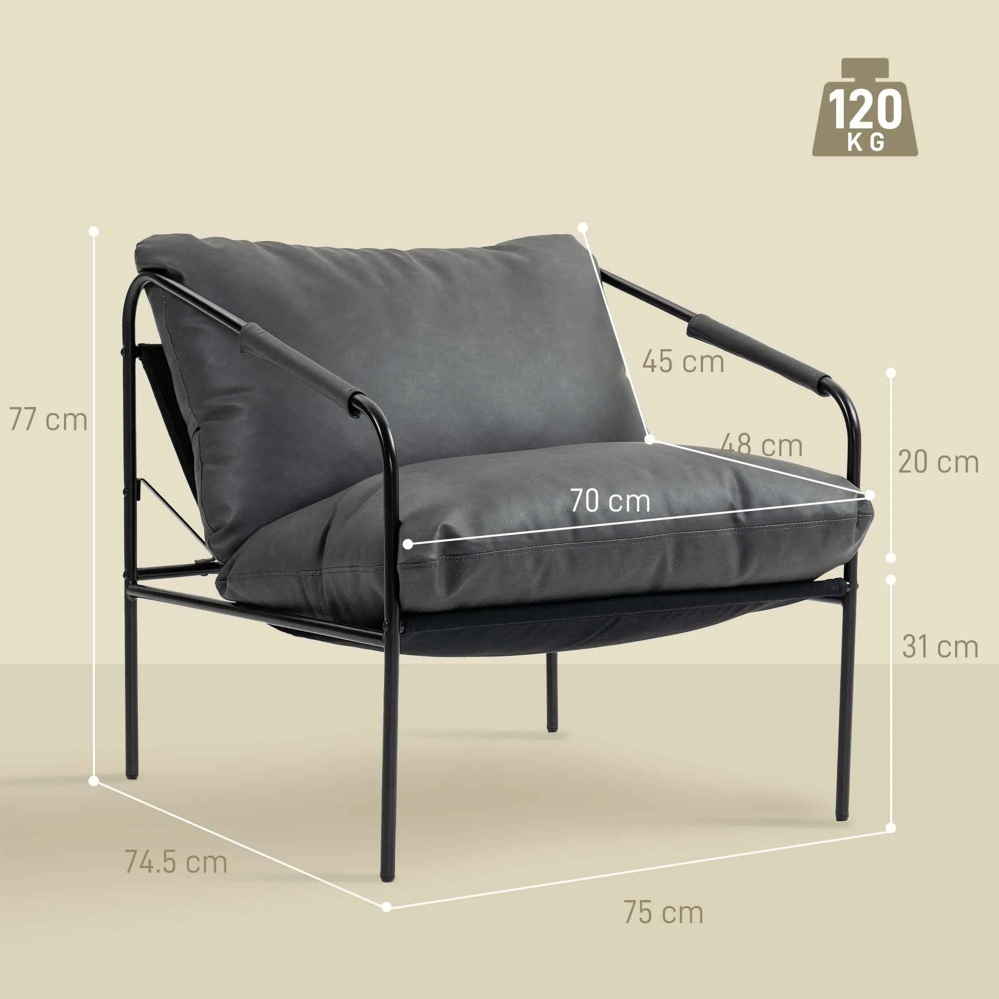 PU Leather Metal Frame Lounge Chair with Thick Cushions, 74.5 x 75 x 77 cm, Charcoal Grey - Image 3