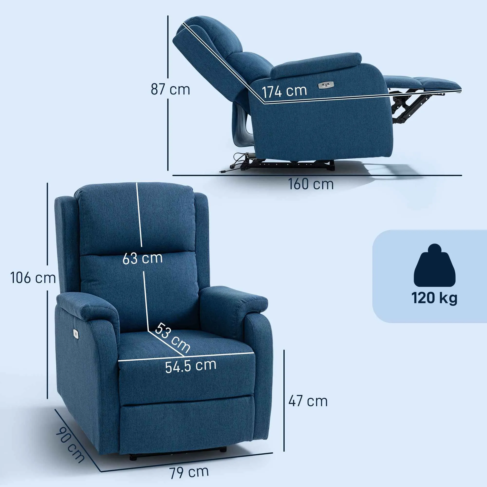 Electric Recliner Chair with Footrest in Linen Effect Fabric, 79x90x106 cm, Dark Grey - Image 3