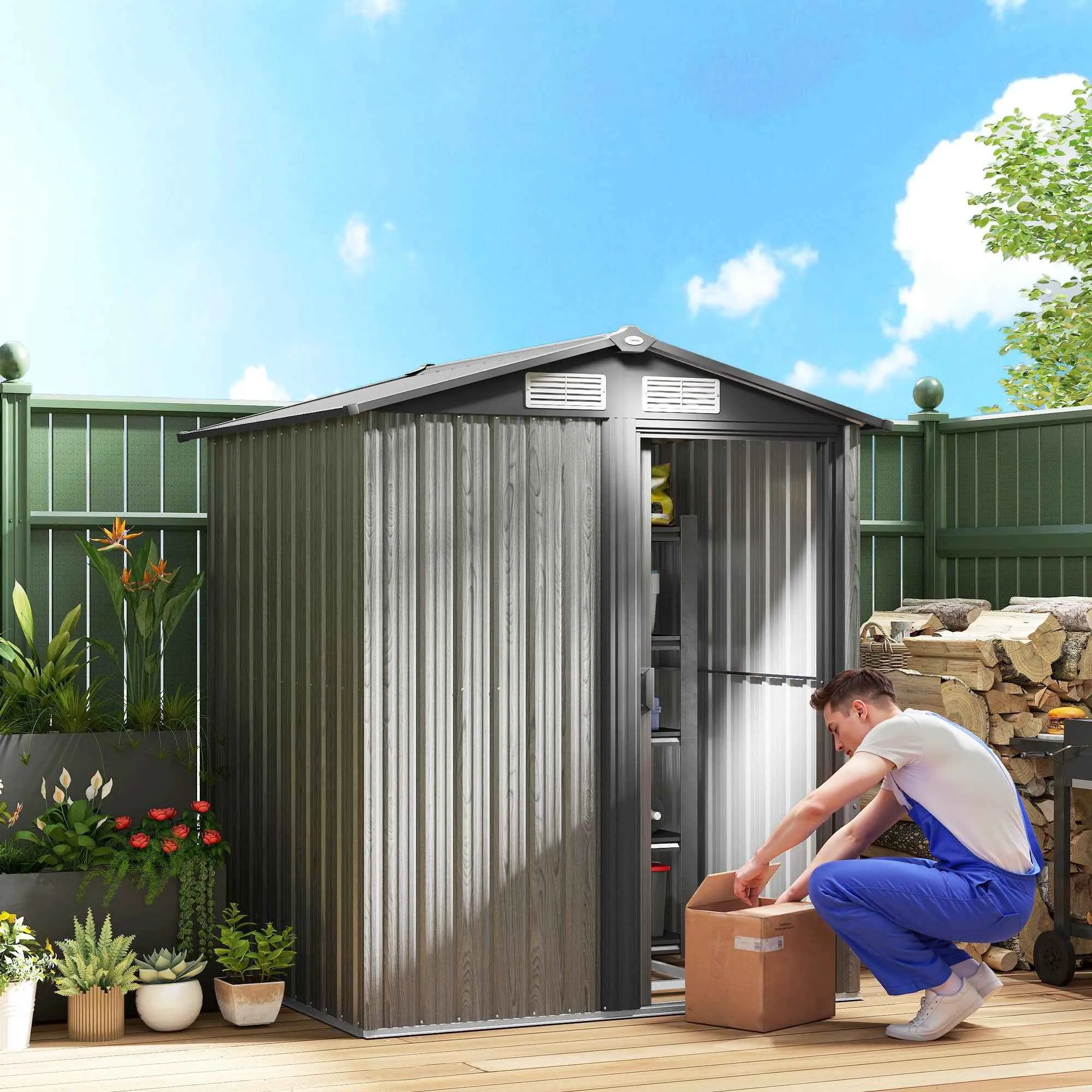 Steel Garden Shed with Sloped Roof and 4 Air Vents, 152x132x188 cm, Grey - Image 2