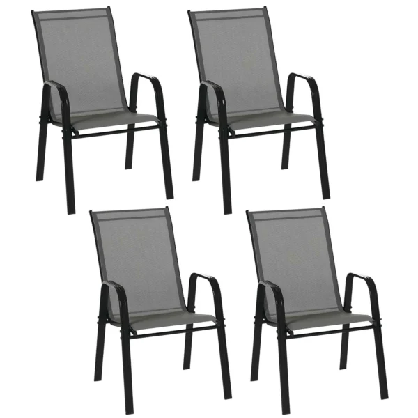Set 4 Sedie da Giardino Impilabili e Salvaspazio con Braccioli in Metallo e Tessuto a Rete, Grigio