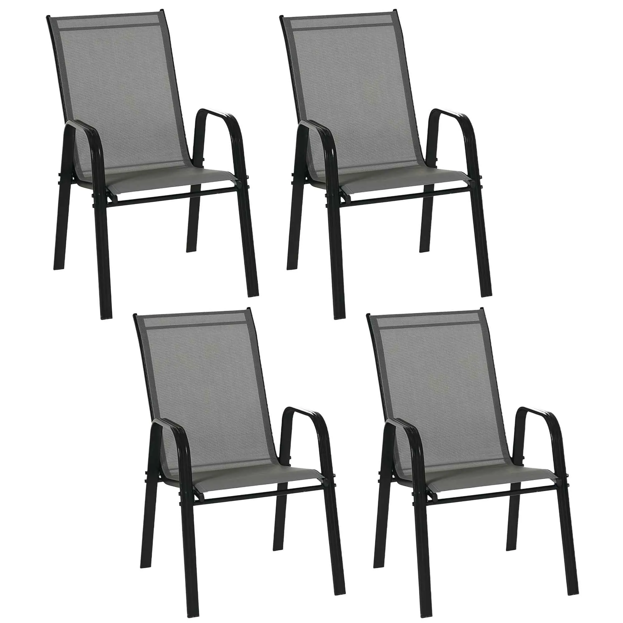 Set 4 Sedie da Giardino Impilabili e Salvaspazio con Braccioli in Metallo e Tessuto a Rete, Grigio