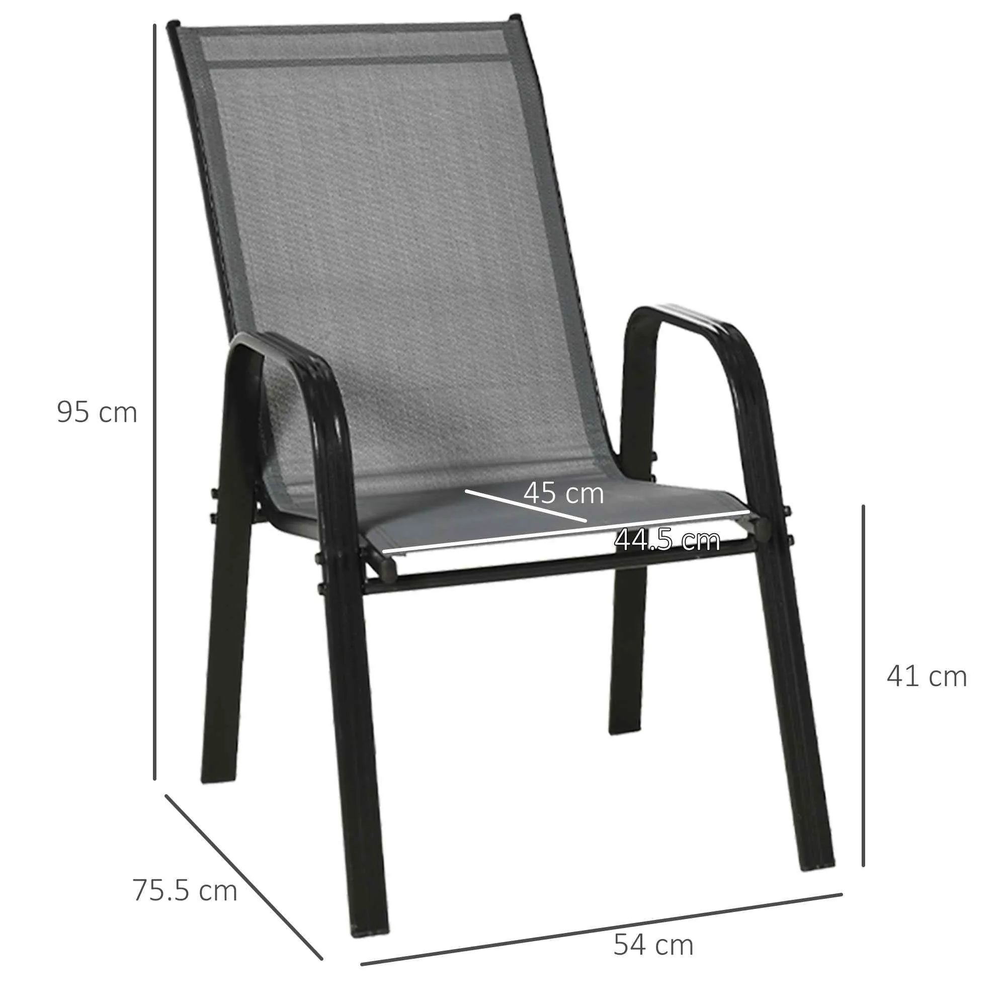 Set 4 Sedie da Giardino Impilabili e Salvaspazio con Braccioli in Metallo e Tessuto a Rete, Grigio - Image 3