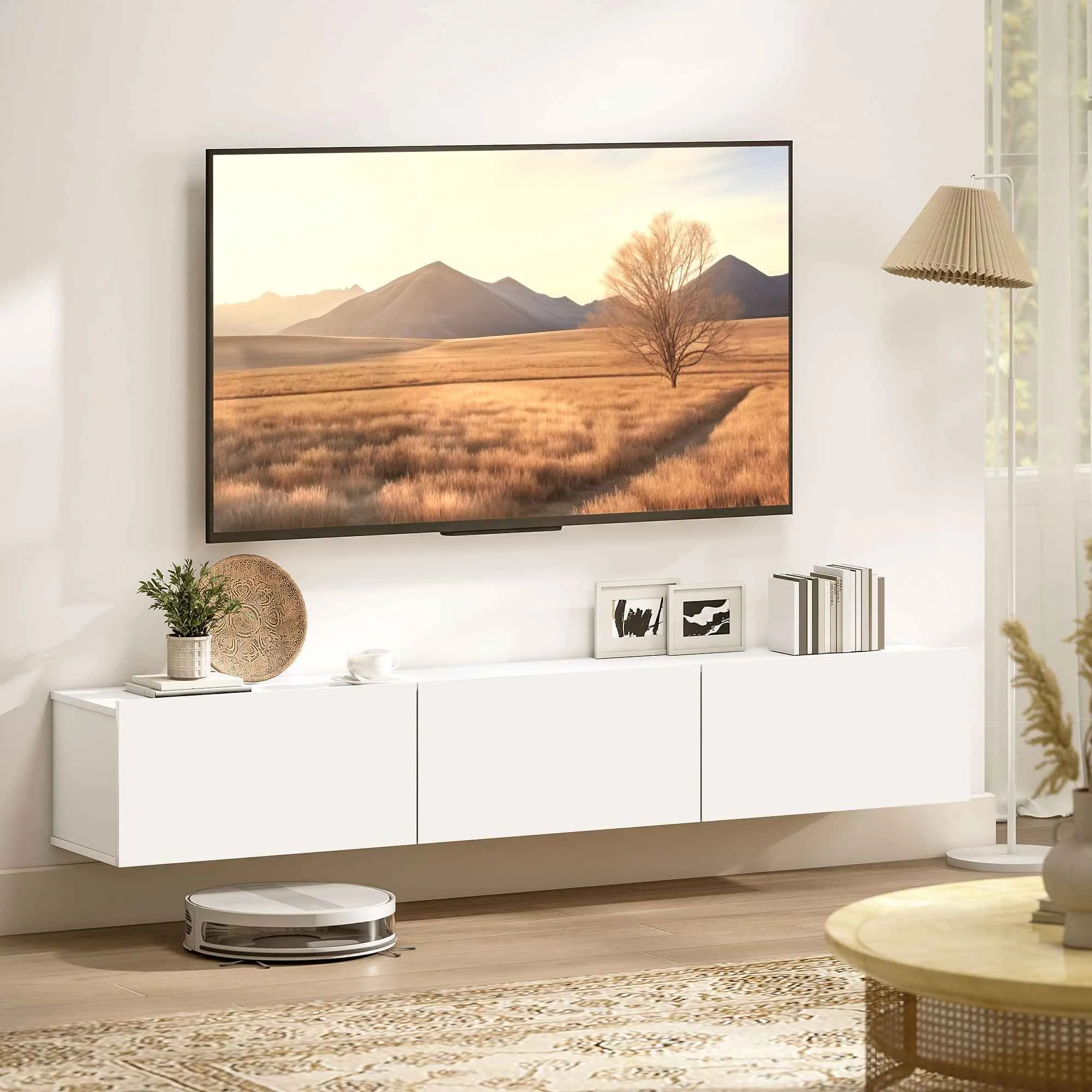 Wall-Mounted TV Stand for up to 82" with 3 Drop-Down Cabinets and Soft-Close Doors, White - Image 2