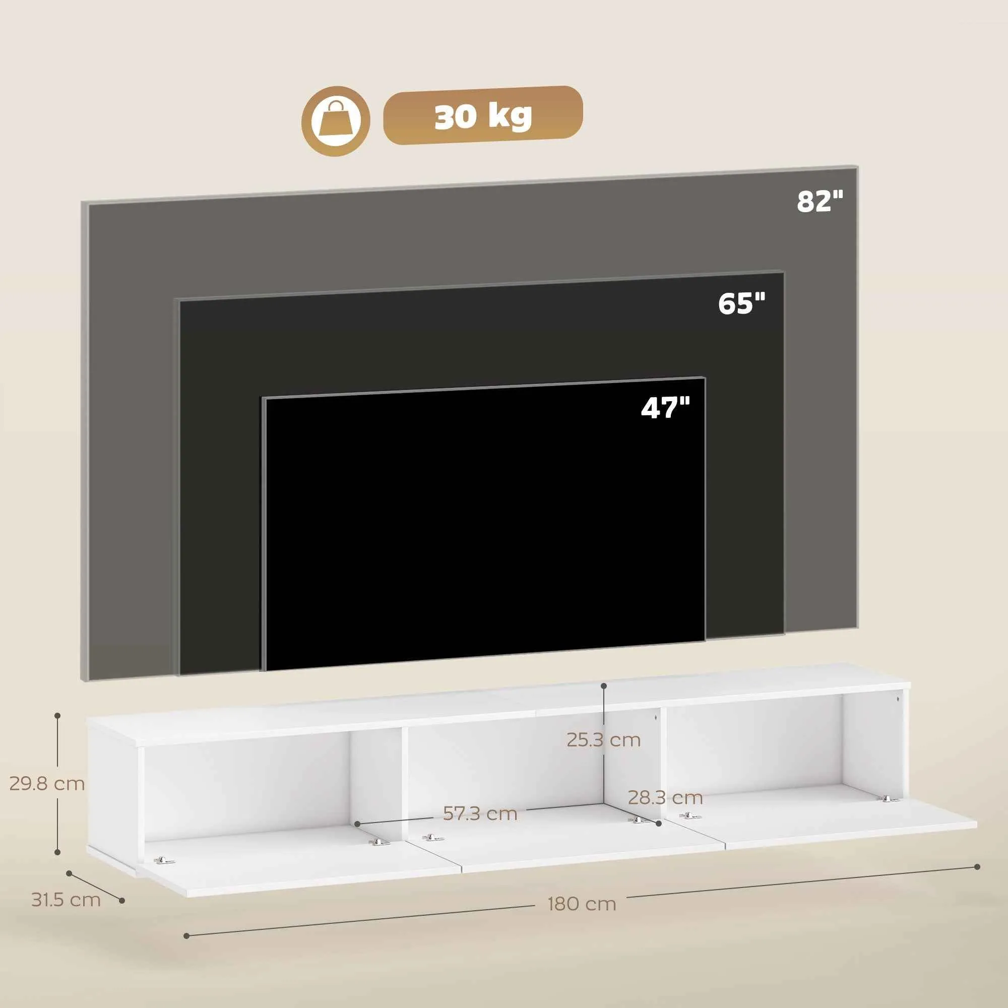 Wall-Mounted TV Stand for up to 82" with 3 Drop-Down Cabinets and Soft-Close Doors, White - Image 3