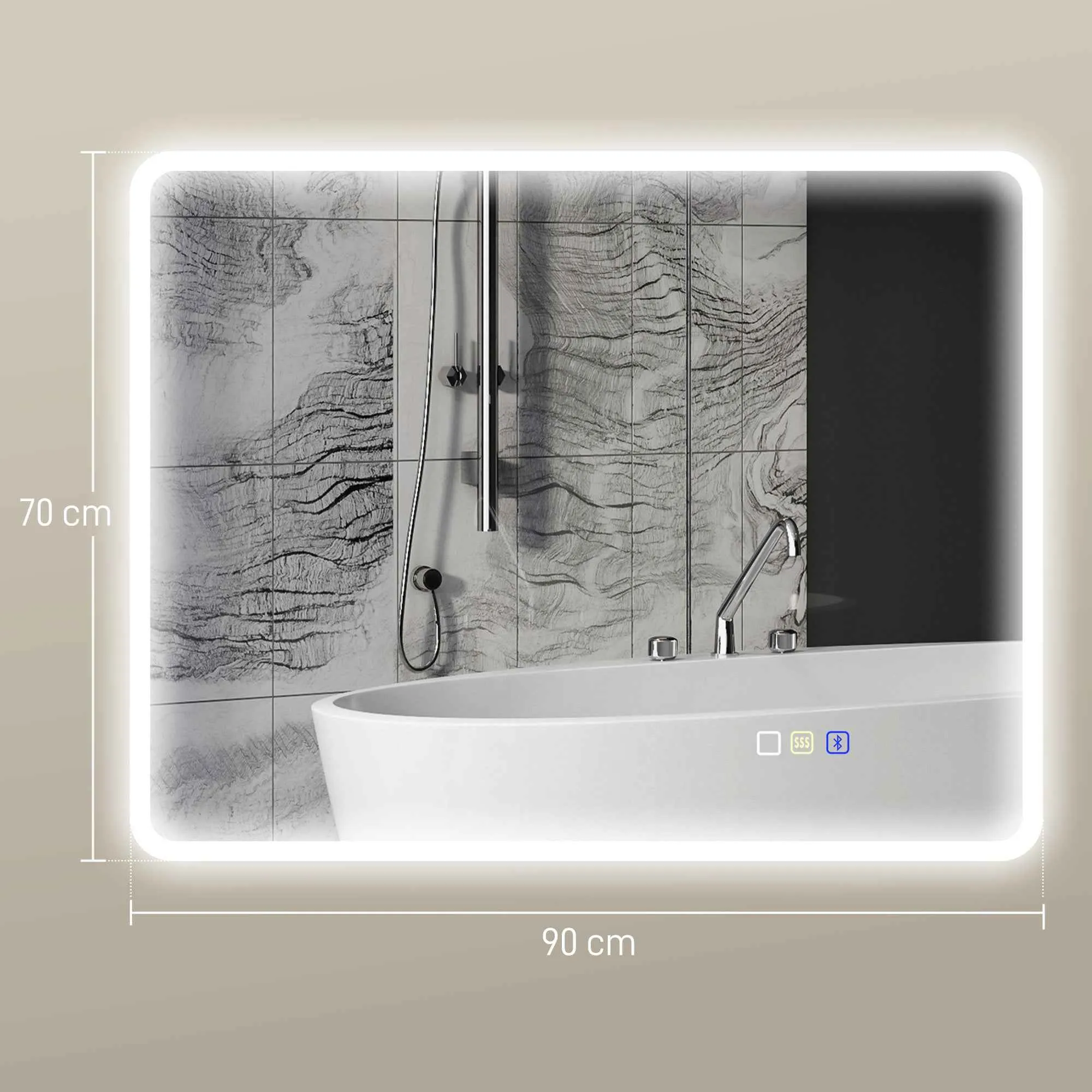 Bluetooth LED Bathroom Mirror, Touch Switch, Adjustable Light, 3 Colors, Anti-Fog, 70 x 90 cm, Silver - Image 3