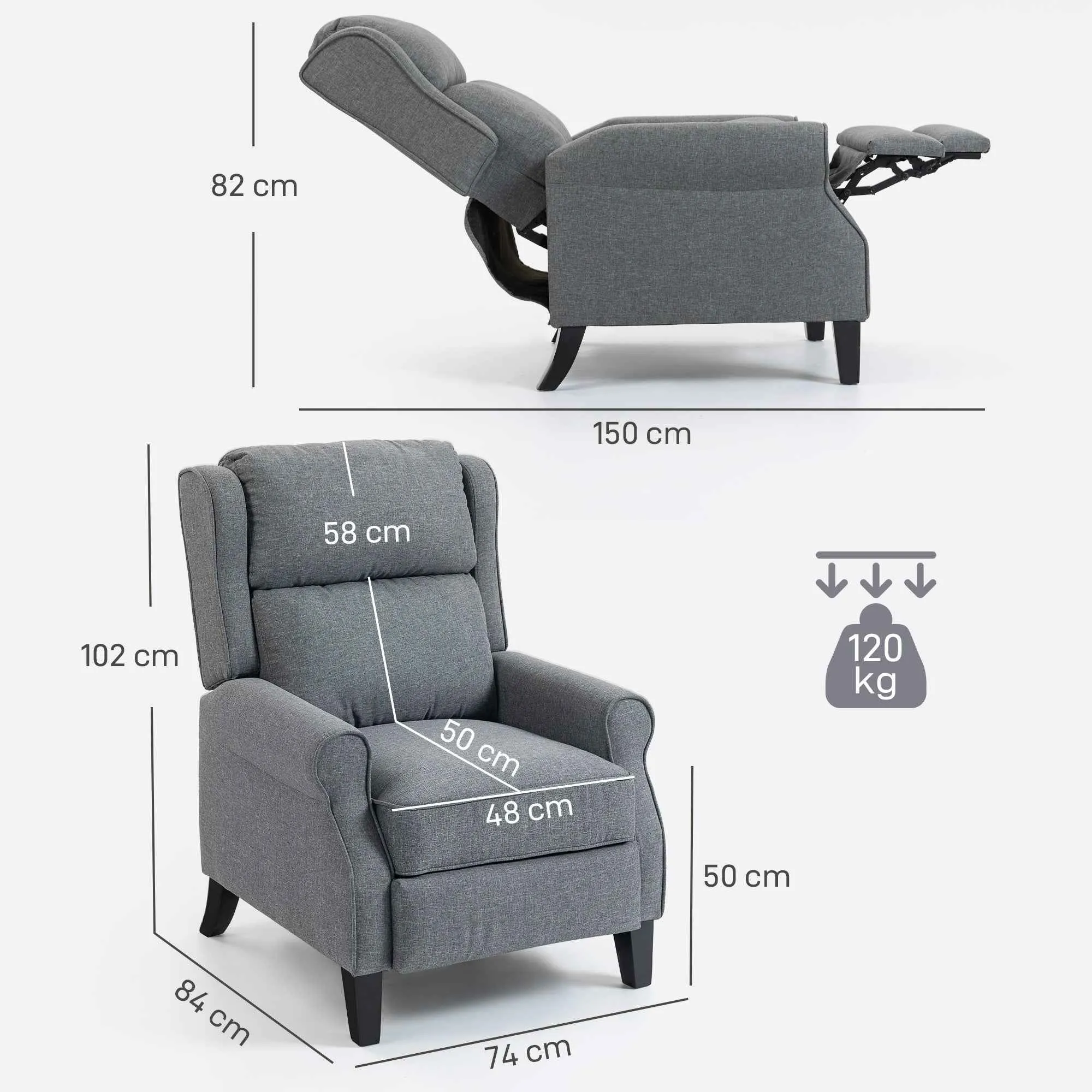 132° Max Reclining Chair in Linen Effect Fabric with Footrest, 74x84x102 cm, Grey - Image 3