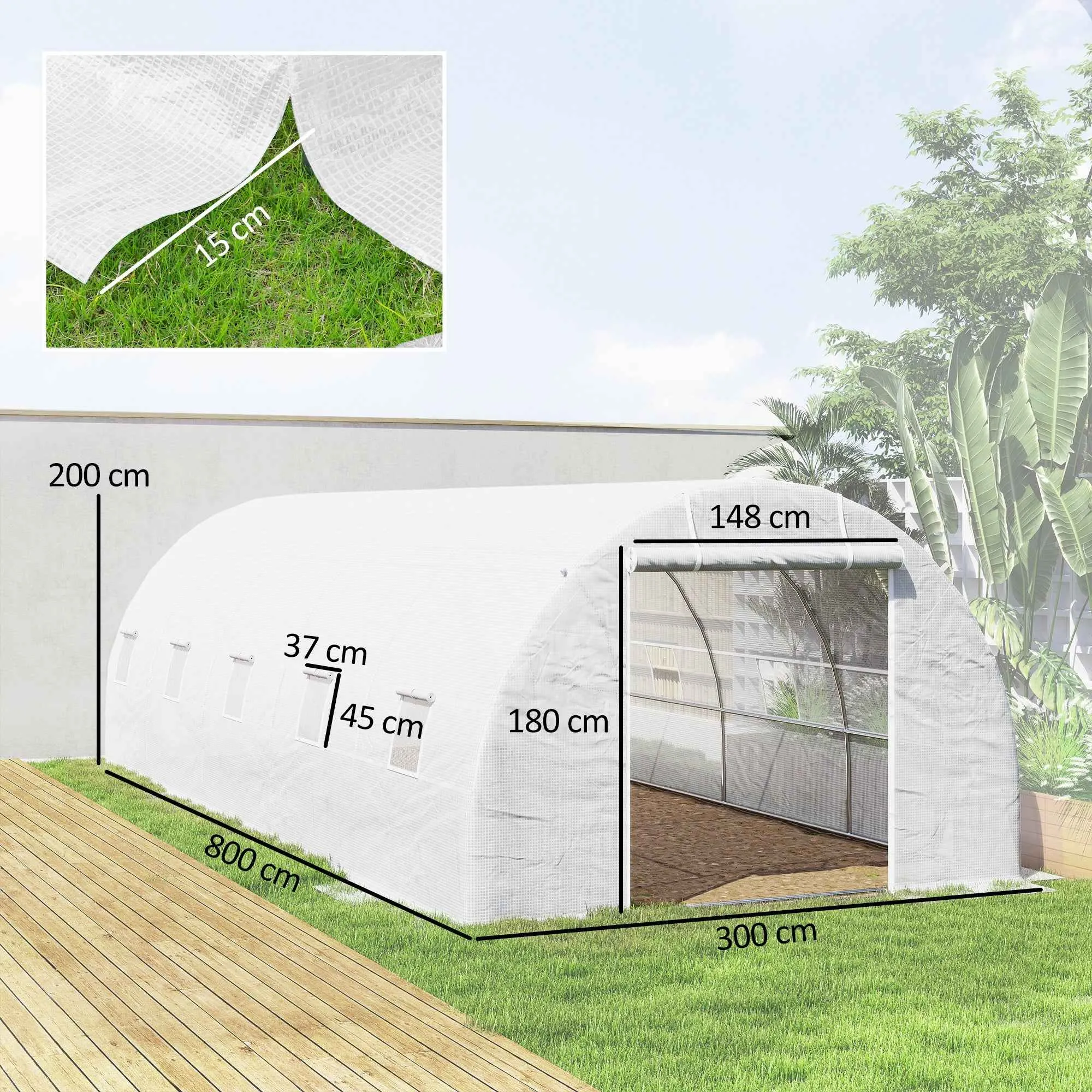 8x3x2 m Tunnel Greenhouse with Plastic Lining and Reinforced Steel, White - Image 3