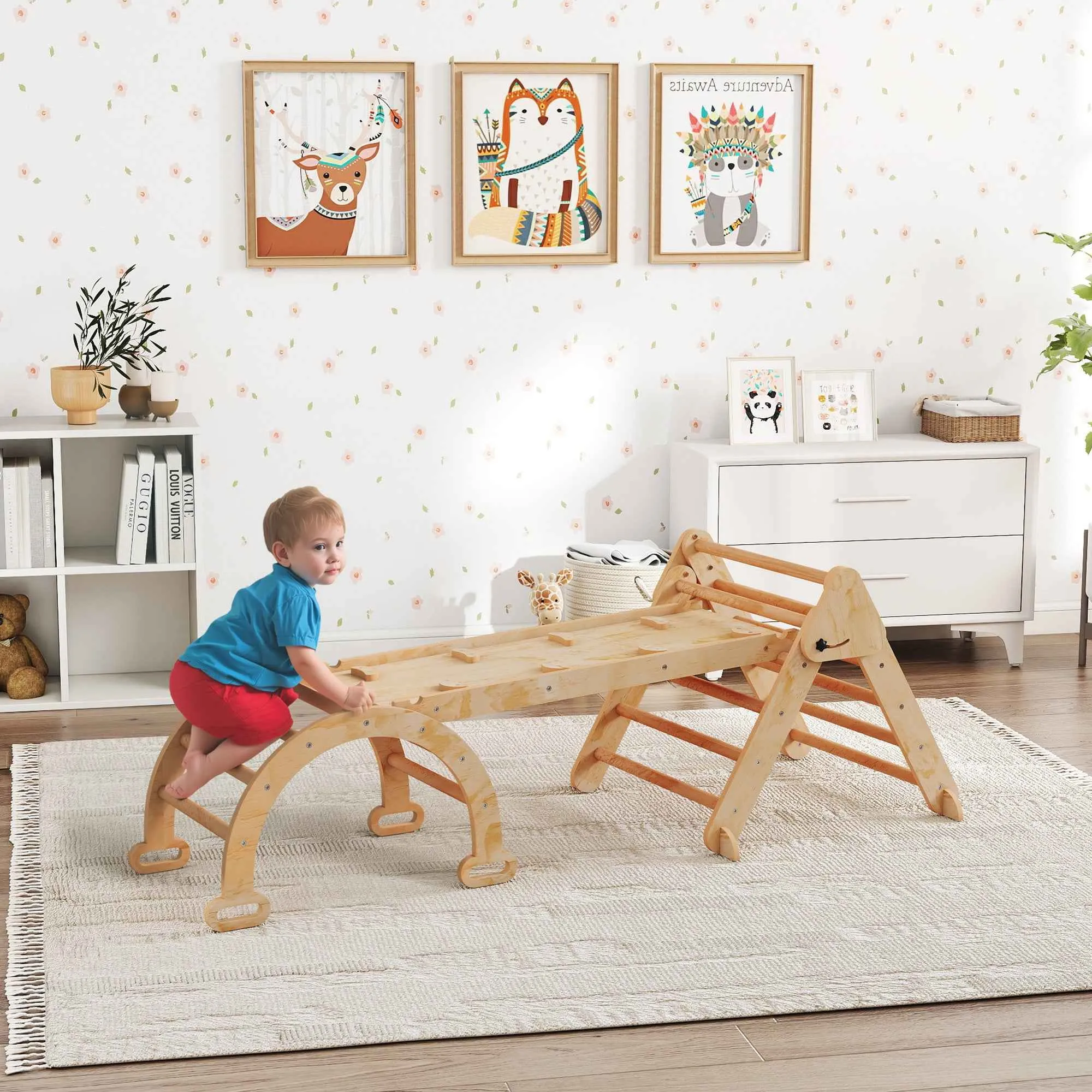 5-in-1 Children's Playground with Triangle, Smooth Wall and Arch, Made of Poplar and Pine Wood, 188x70x59 cm - Image 2