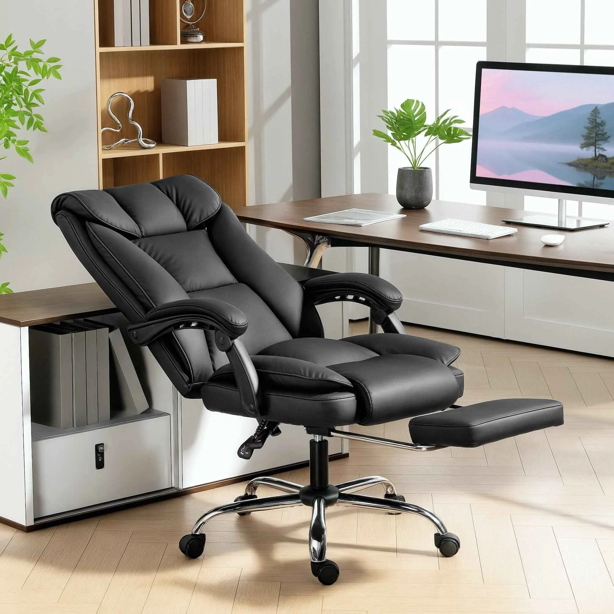 155° Reclining Office Chair with Footrest, Double Padding and Faux Leather Upholstery, Black - Image 2