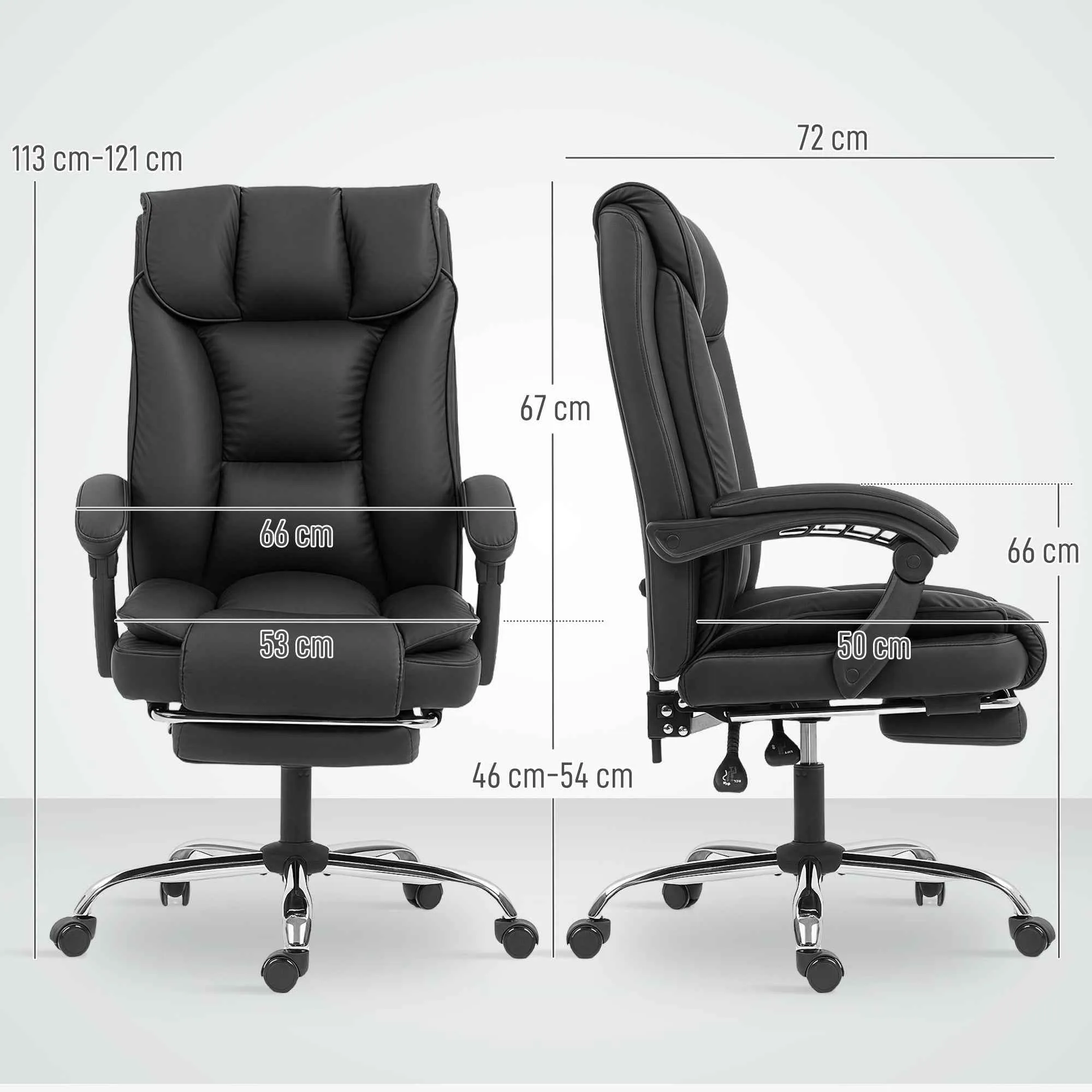 155° Reclining Office Chair with Footrest, Double Padding and Faux Leather Upholstery, Black - Image 3