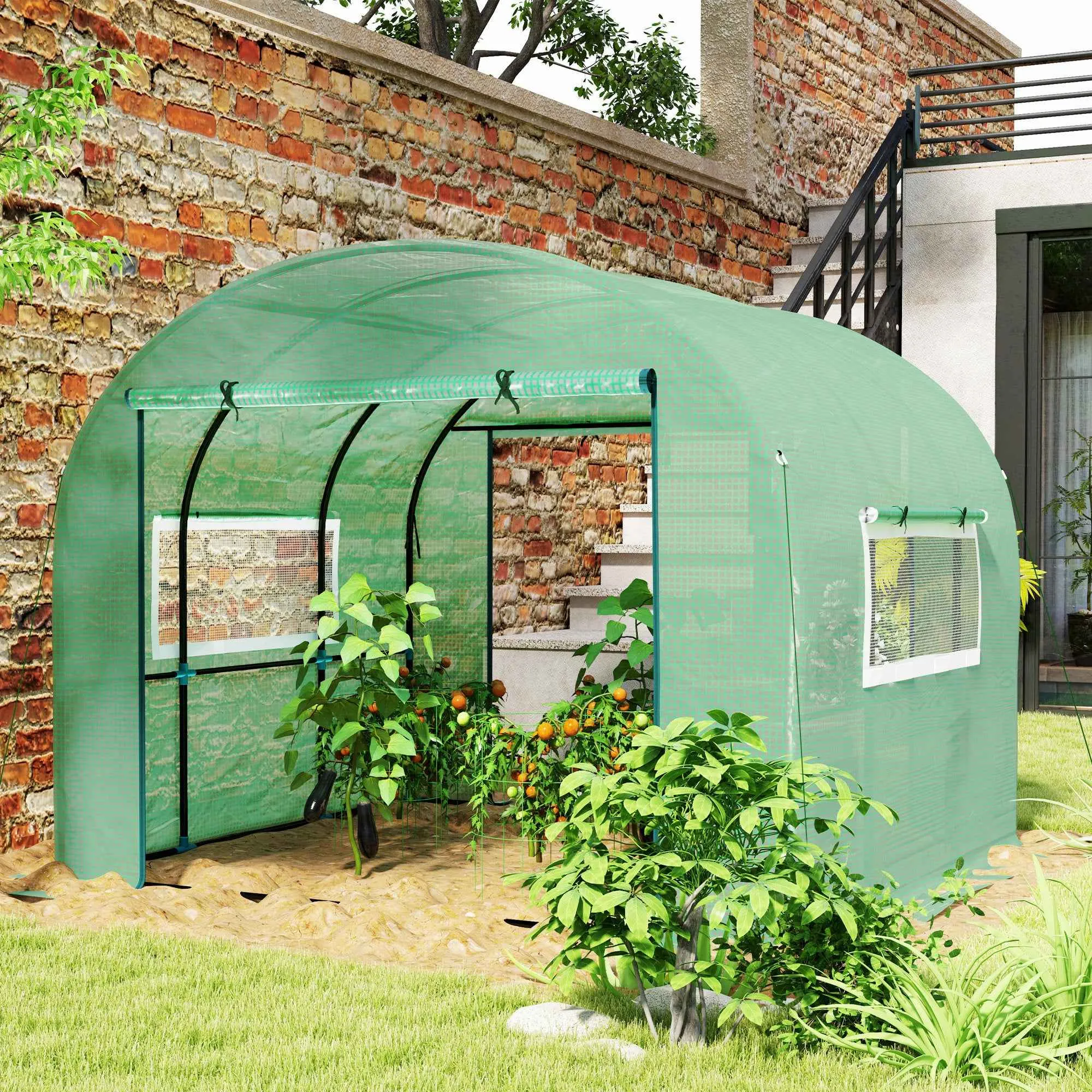 Outsunny 3x3x2 m Steel and UV-Resistant Polyethylene Tunnel Greenhouse for Vegetable Garden with Roll-Up Doors and Windows, Green - Image 2