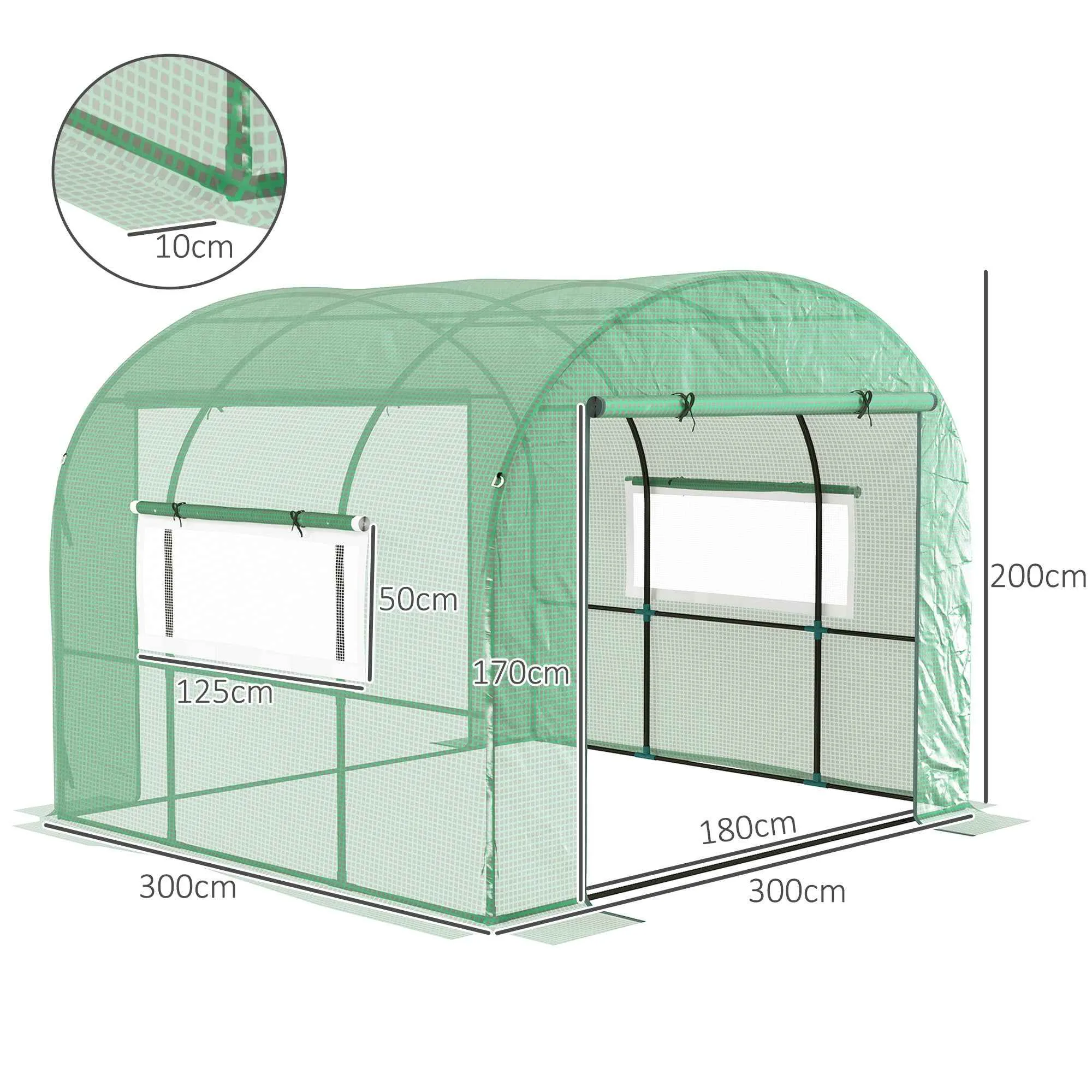 Outsunny 3x3x2 m Steel and UV-Resistant Polyethylene Tunnel Greenhouse for Vegetable Garden with Roll-Up Doors and Windows, Green - Image 3