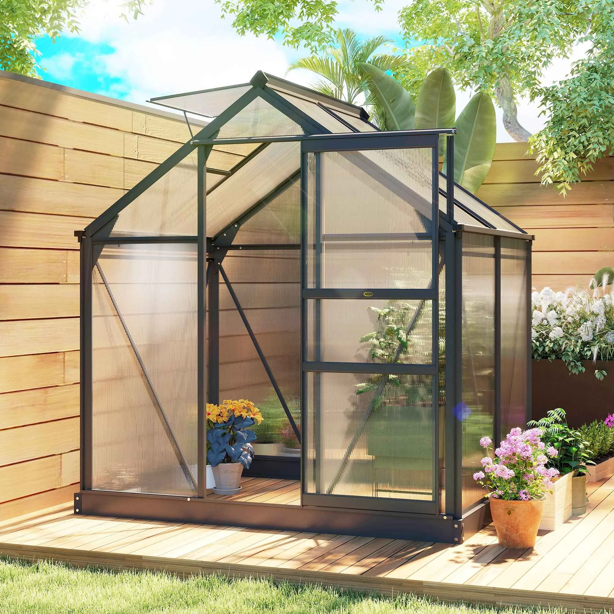 Polycarbonate and Aluminum Garden Greenhouse with Sliding Door and Window, 190x132x201 cm, Grey - Image 2