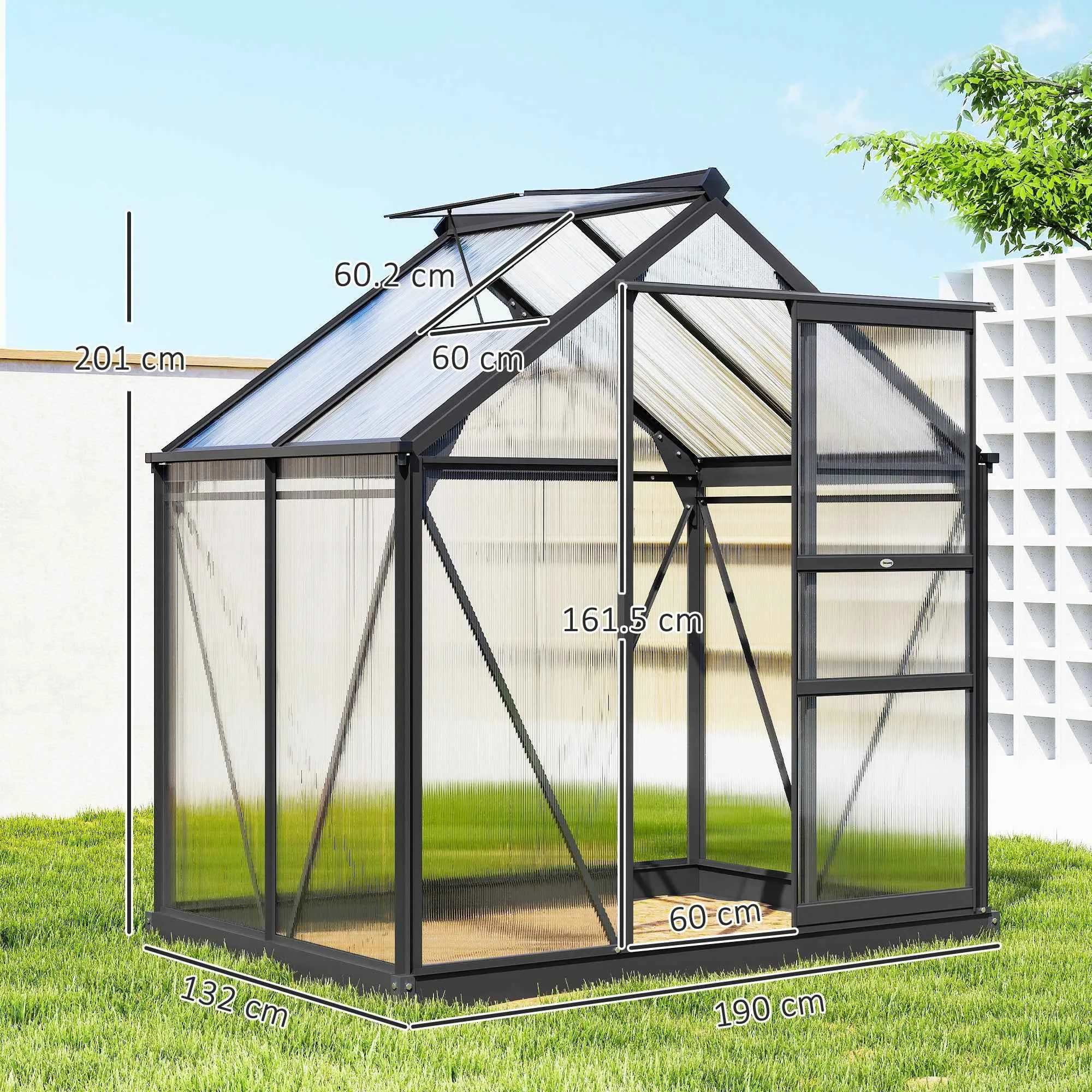 Polycarbonate and Aluminum Garden Greenhouse with Sliding Door and Window, 190x132x201 cm, Grey - Image 3