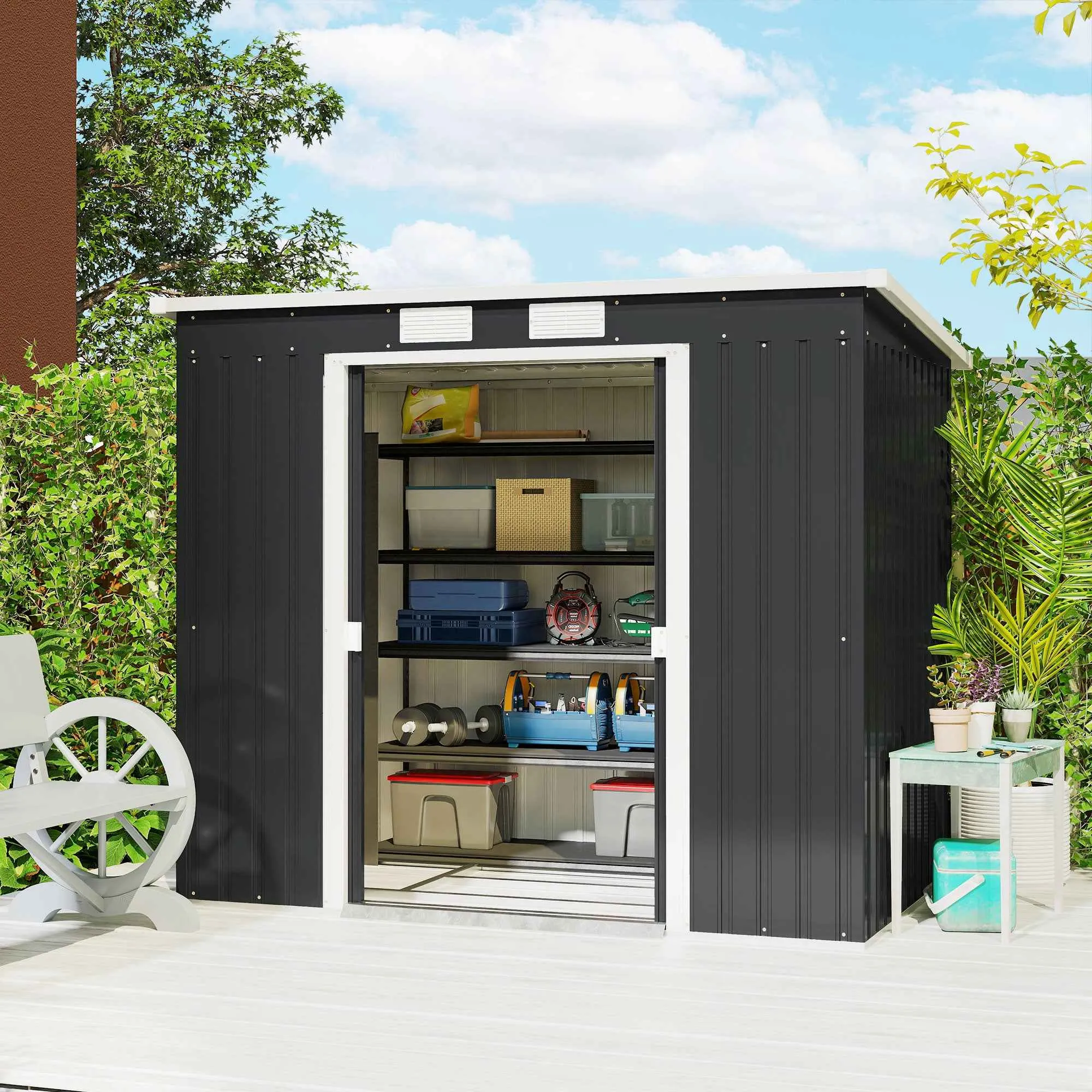 Tool Shed with Sloped Roof, 2 Entrances and Air Vents, Steel, 213x130x172 cm, Dark Grey - Image 2