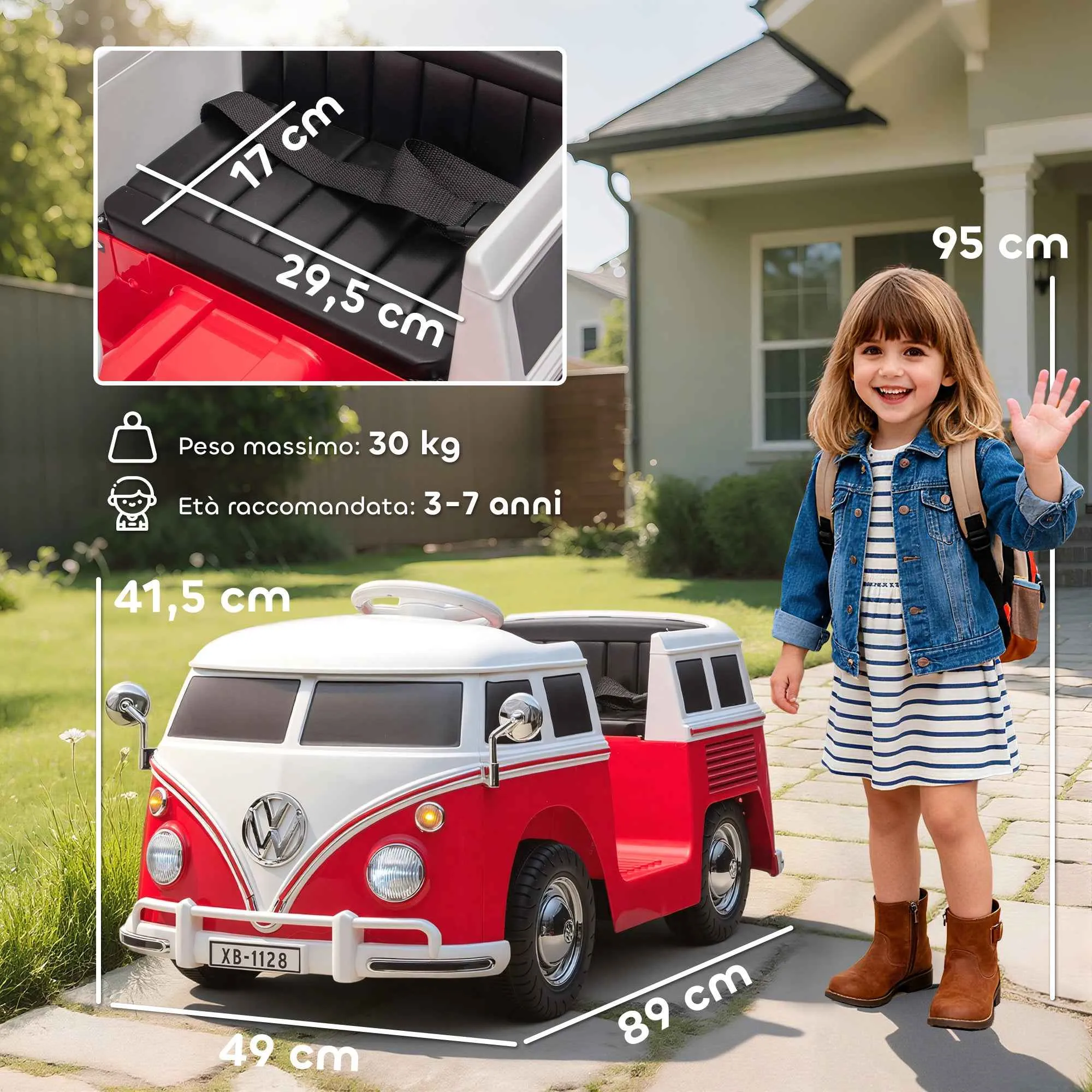 Volkswagen T1 Licensed Children's Electric Ride-On Car with MP3 Player, Metal and PP, 89x49x41.5 cm, Red - Image 3