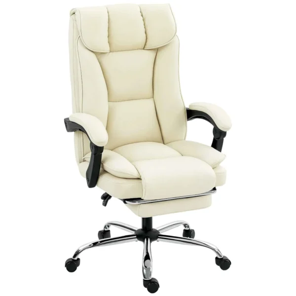 155° Reclining Office Chair with Footrest, Double Padding and Faux Leather Upholstery, Beige