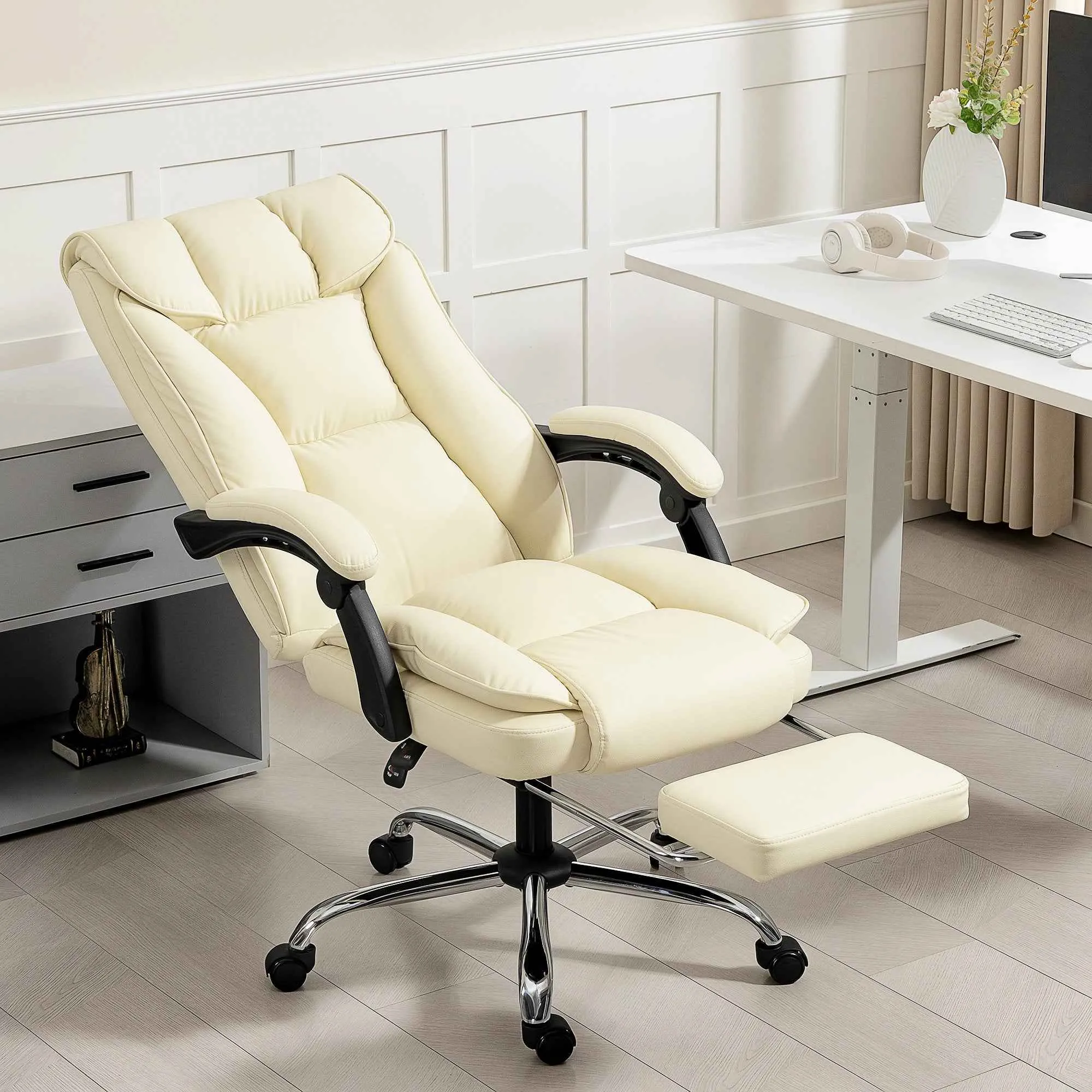 155° Reclining Office Chair with Footrest, Double Padding and Faux Leather Upholstery, Beige - Image 2