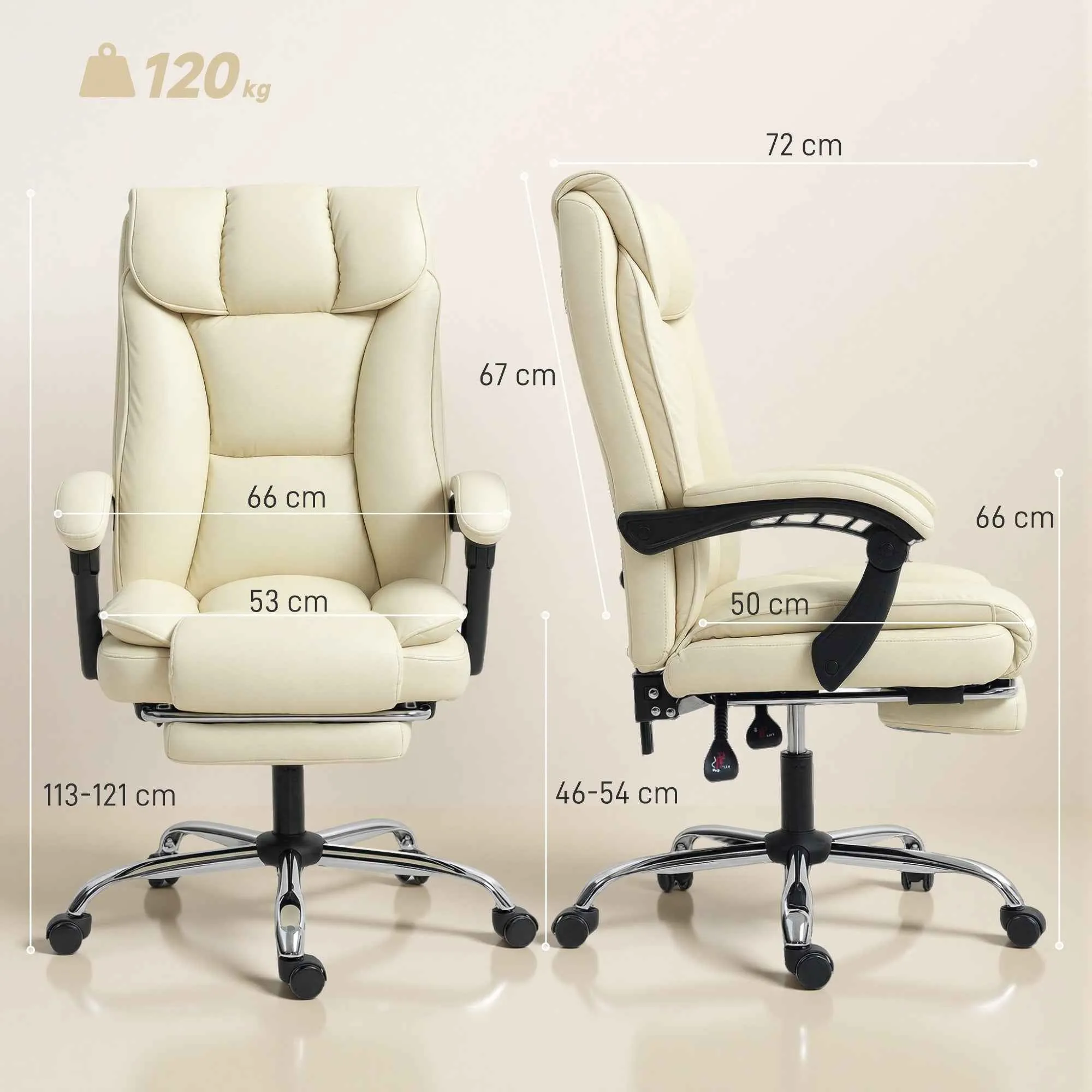 155° Reclining Office Chair with Footrest, Double Padding and Faux Leather Upholstery, Beige - Image 3