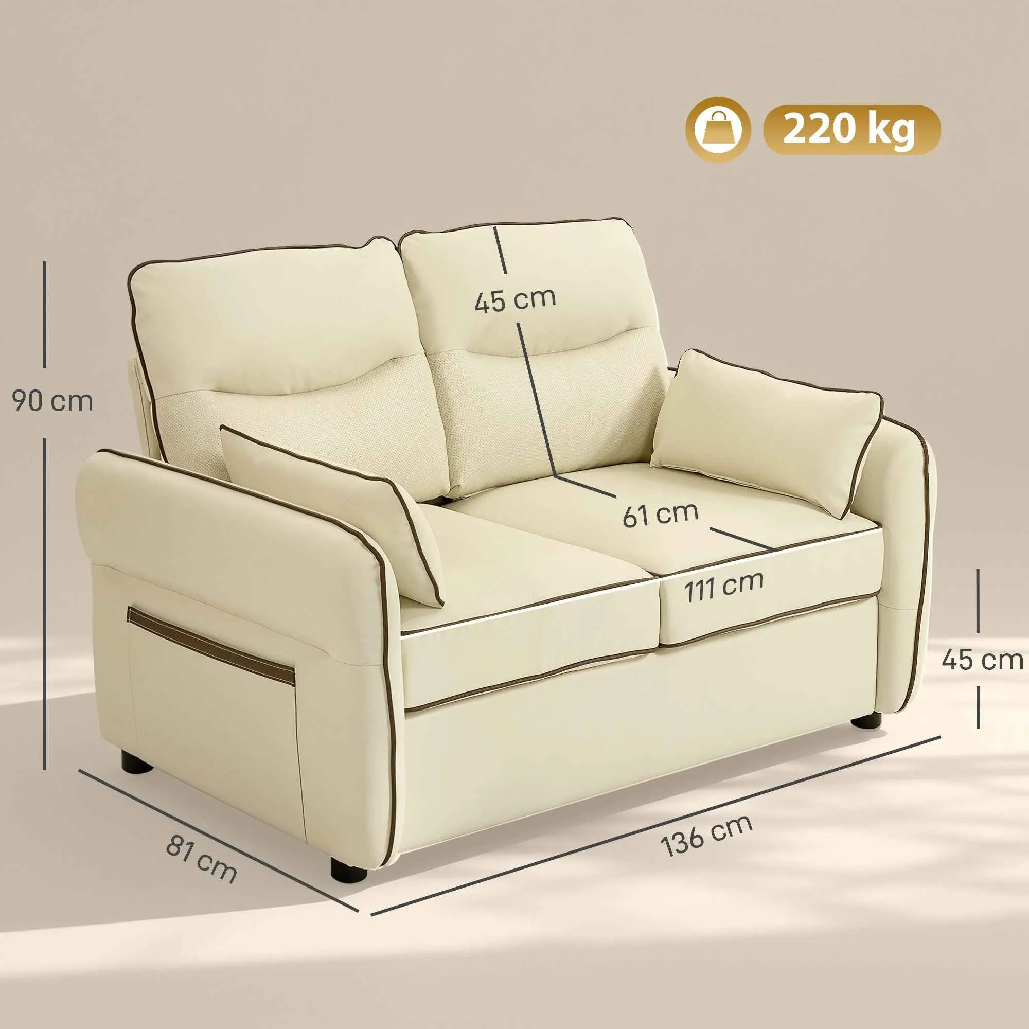 2-Seater Faux Leather Sofa with Thick Padding, Side Pocket and 2 Cushions, 136x81x90 cm, Beige - Image 3