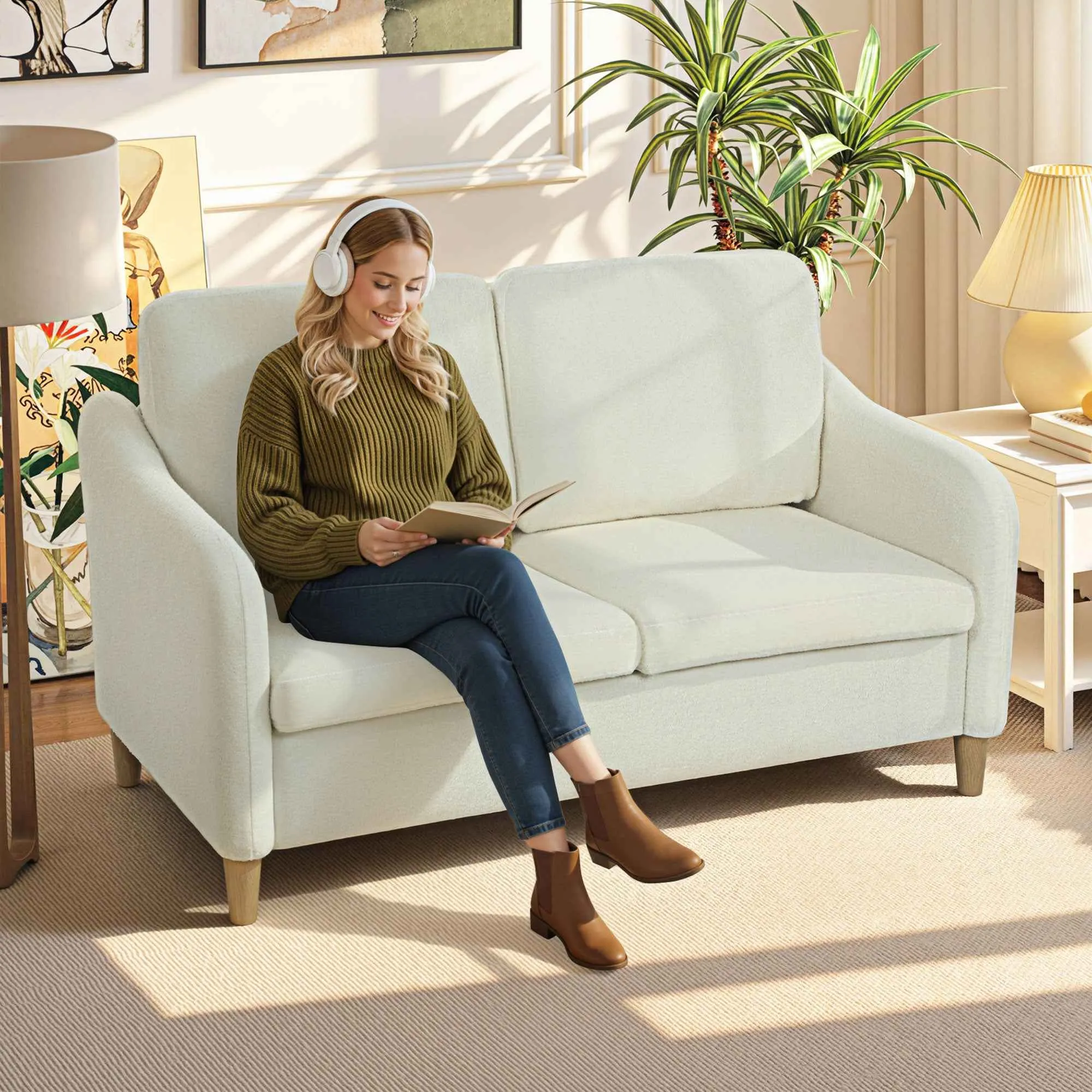 Modern 2-Seater Sofa with Thick Cushions and Sherpa Upholstery, 137x69x82 cm, Cream - Image 2