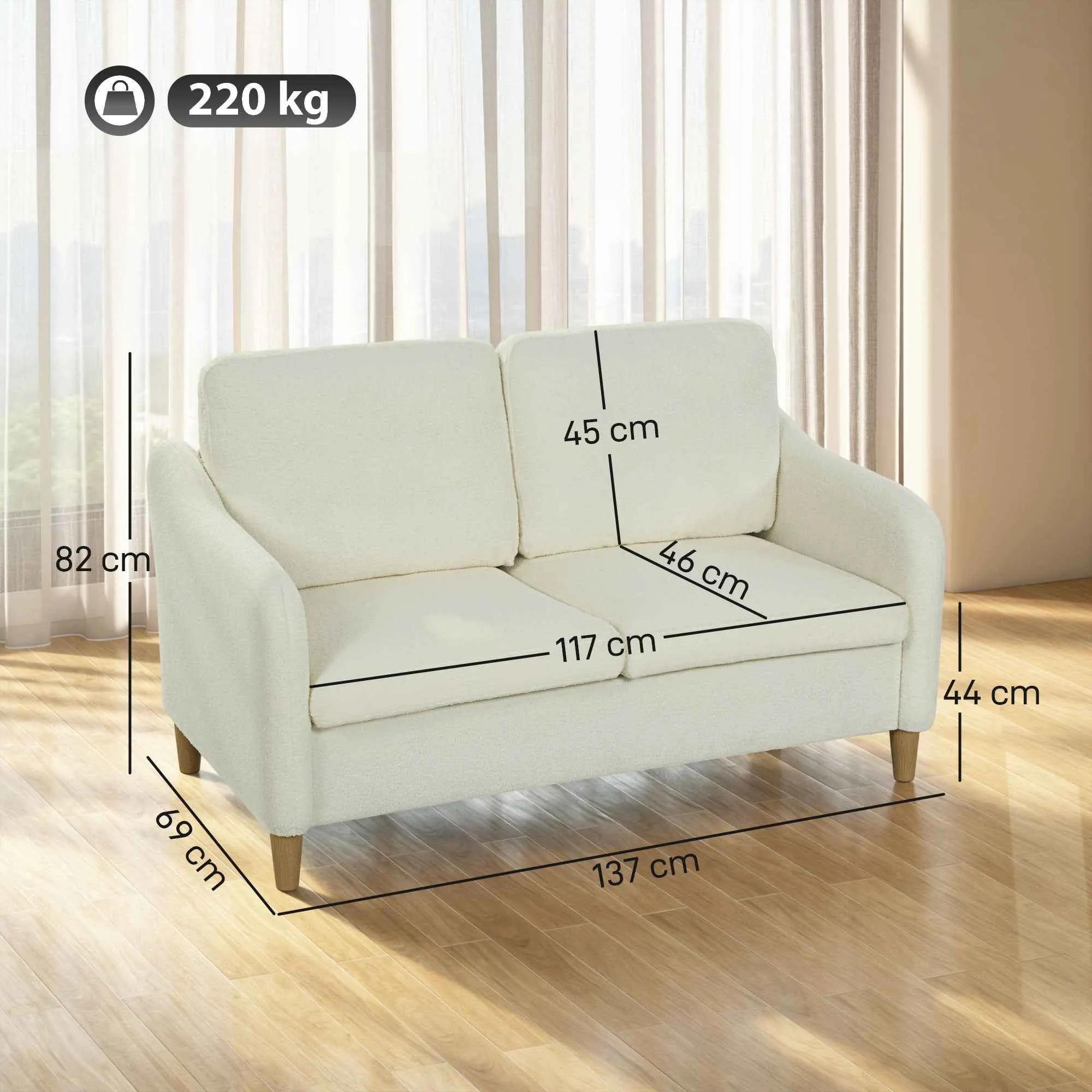 Modern 2-Seater Sofa with Thick Cushions and Sherpa Upholstery, 137x69x82 cm, Cream - Image 3