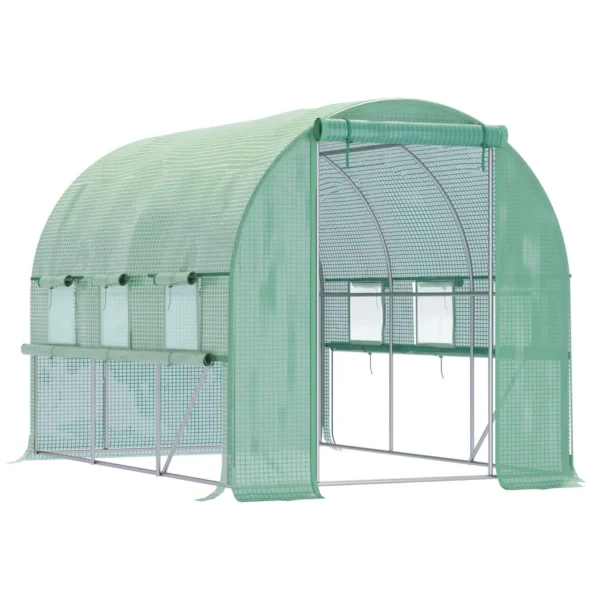 Outsunny 3x2x2m Steel Vegetable Garden Greenhouse with PE Cover, Zip Doors and Mesh Windows, Green