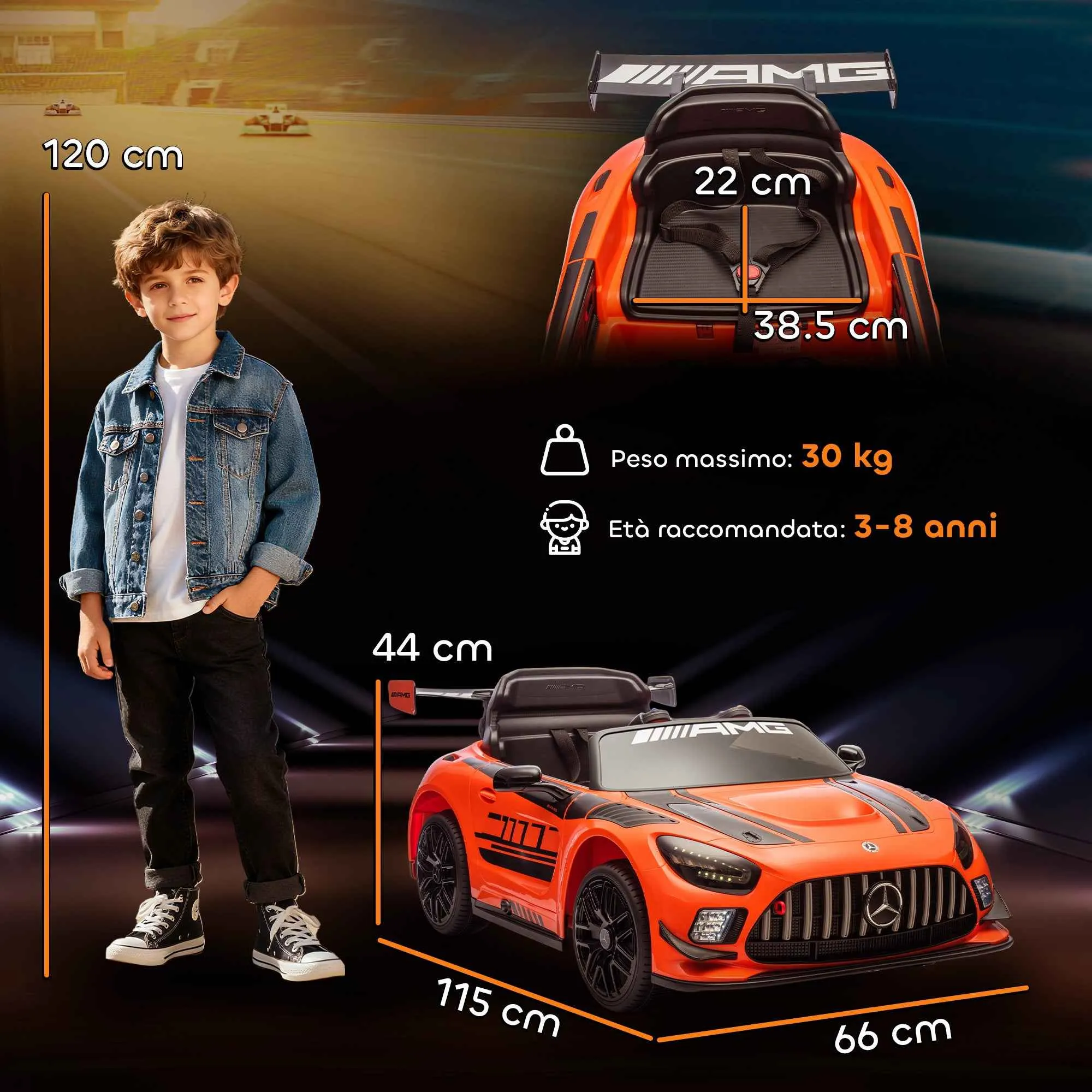 Electric Car for Children 3-8 Years Mercedes-AMG 12V with Remote Control, LED Lights, Transport Wheels, Orange - Image 3