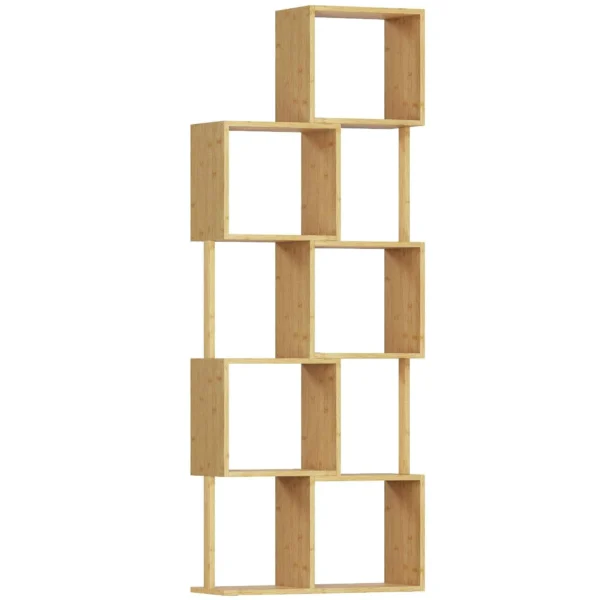 Modern Asymmetrical 5-Tier Bamboo Bookcase, 62.5 x 23 x 165 cm, Natural Wood Color