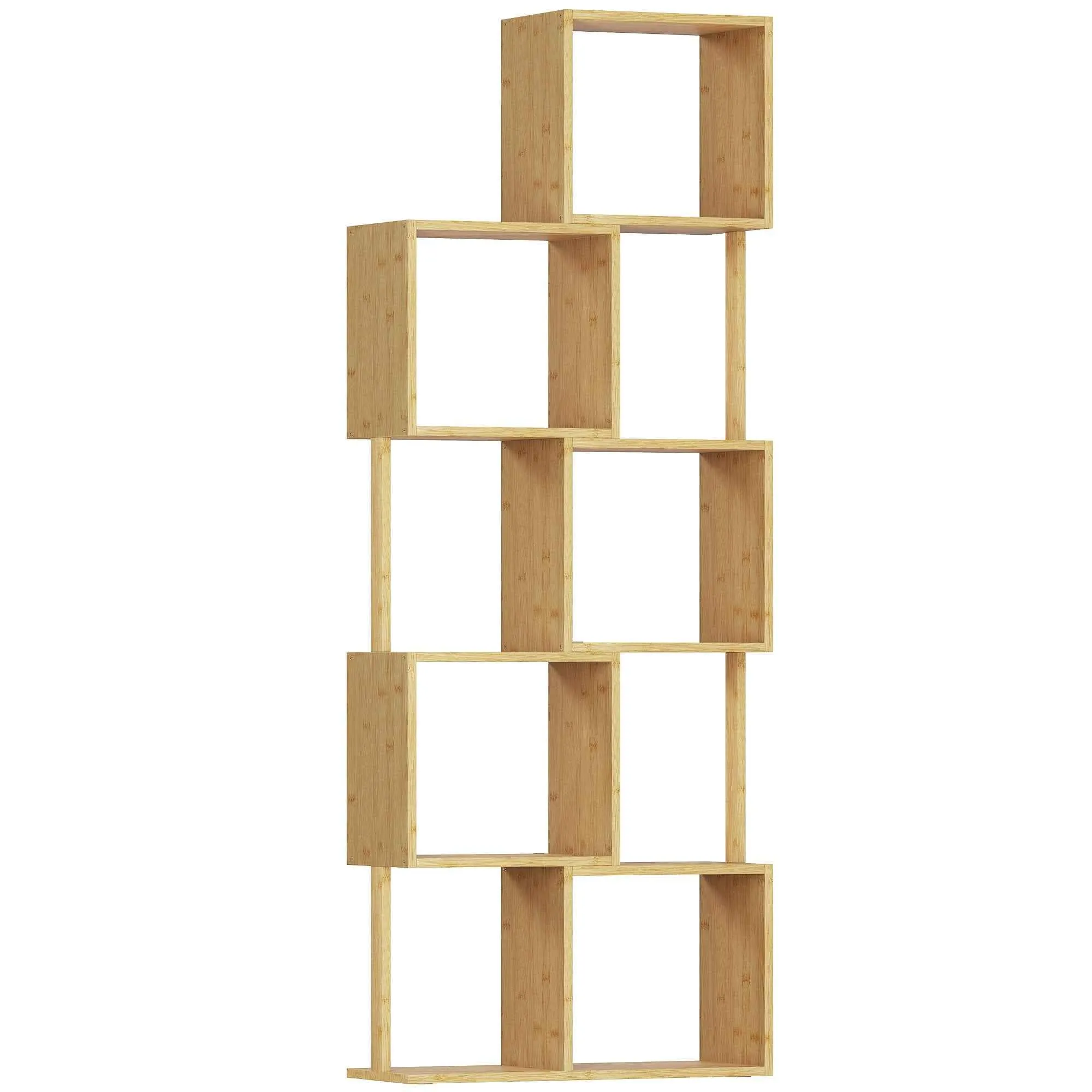 Modern Asymmetrical 5-Tier Bamboo Bookcase, 62.5 x 23 x 165 cm, Natural Wood Color
